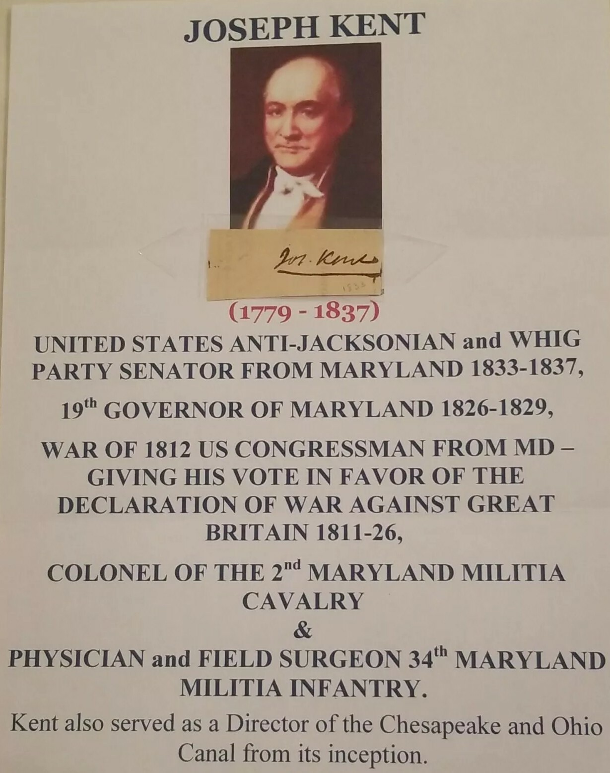 1832 Signed Cut Joseph Kent 2nd Maryland Calvary Surgeon War 1812 MD Gov 1826