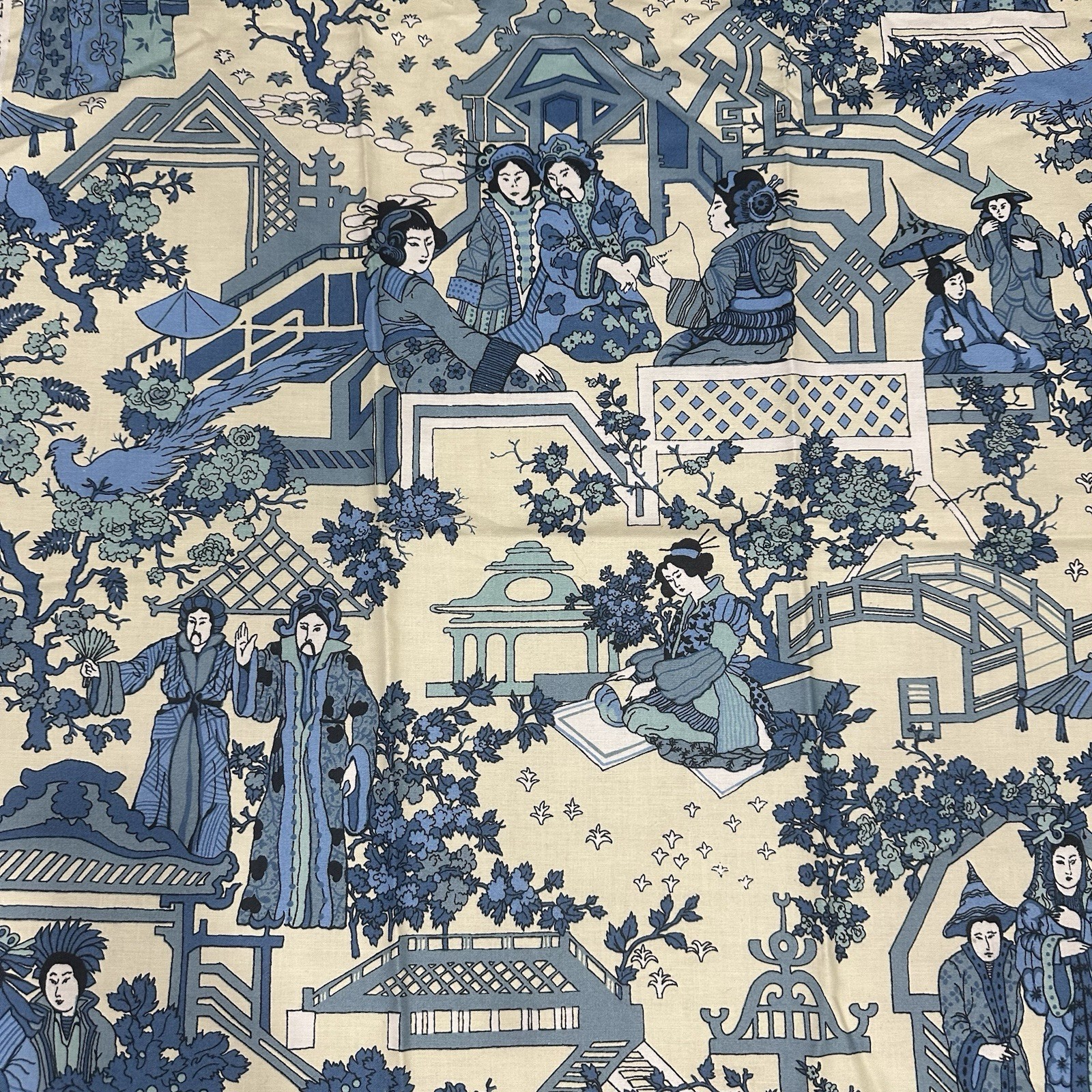 VINTAGE BLOOMCRAFT Rare Design Chinoiserie Upholstery Fabric Blue Ivory VINTAGE BLOOMCRAFT Rare Design Chinoiserie Upholstery Fabric Blue Ivory