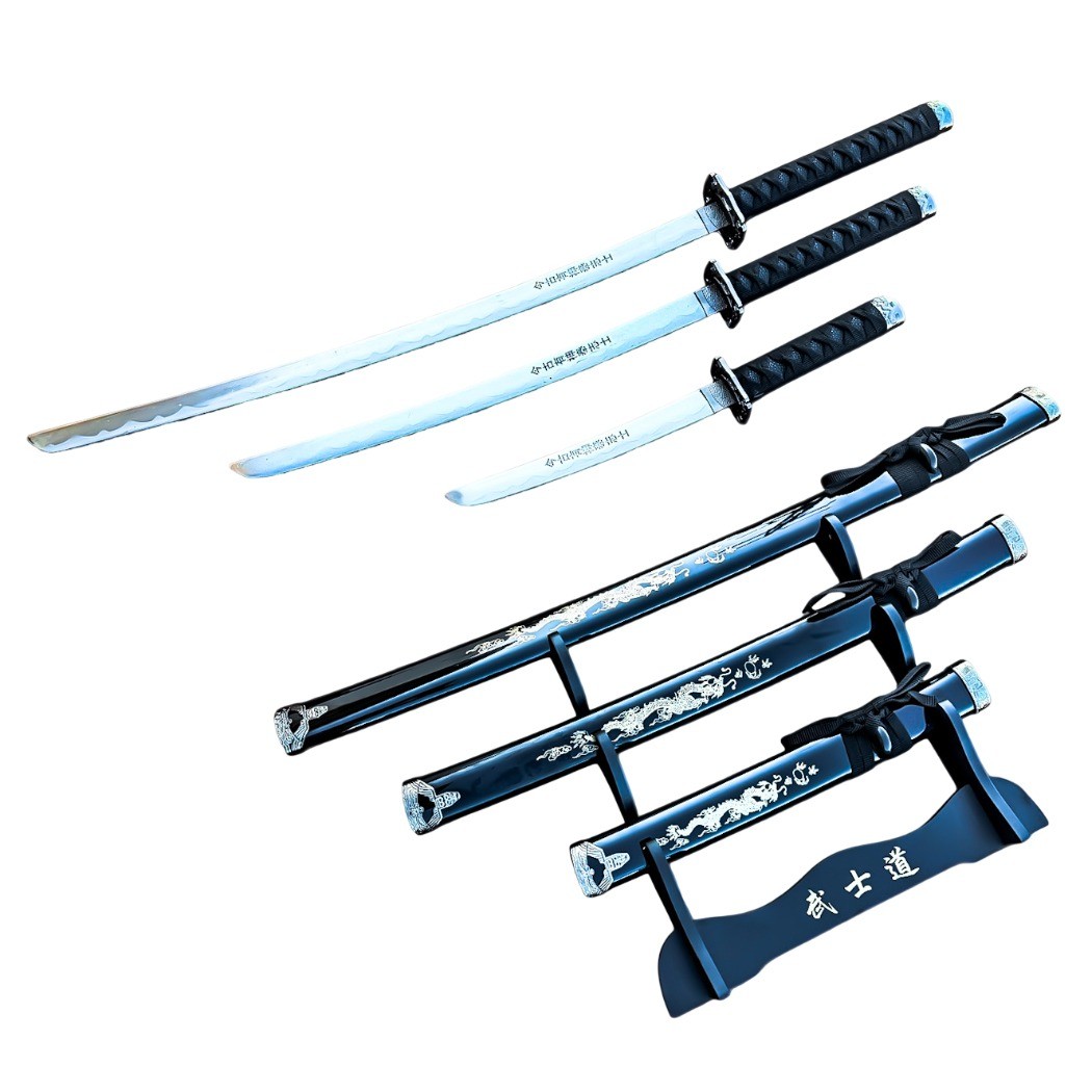 3Pc Black Dragon Design Japanese Samurai Katana Sword Set Ninja Style with Displ 3Pc Black Dragon Design Japanese Samurai Katana Sword Set Ninja Style with Displ