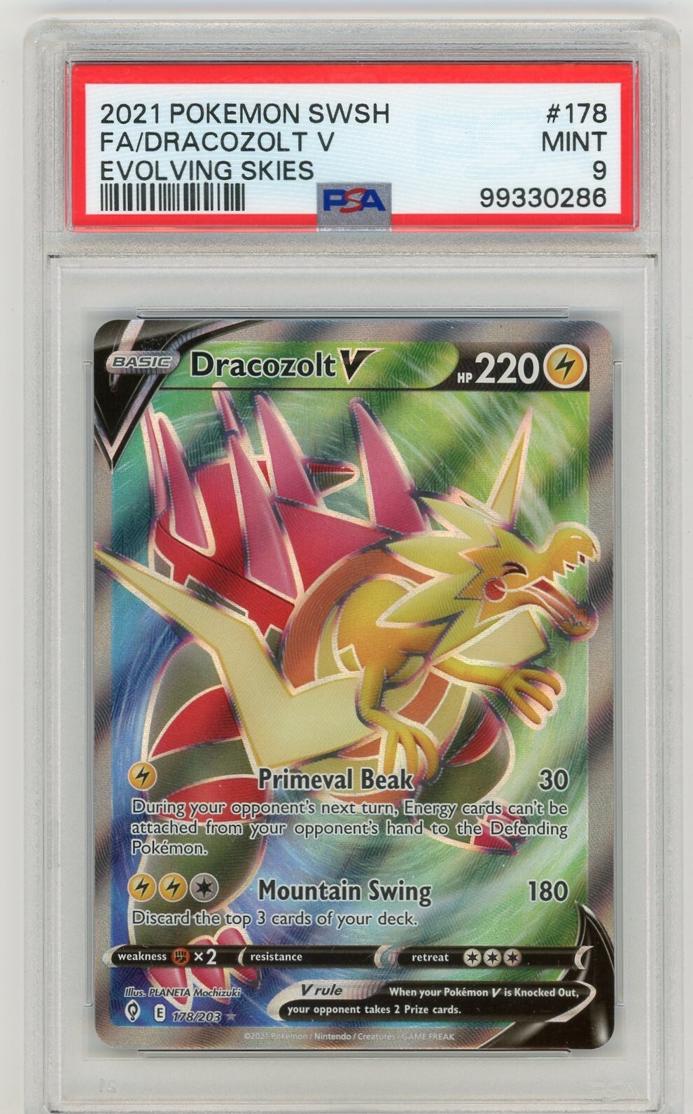2021 Pokemon SWSH Evolving Skies #178 Dracozolt V Fa PSA 9 MINT