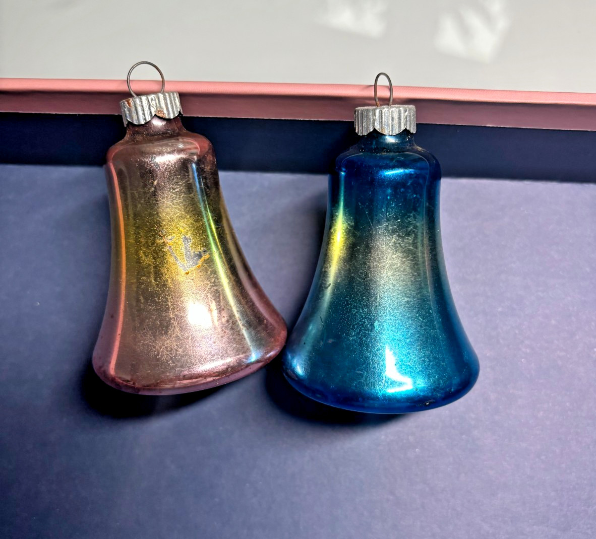 Vintage Lot Of 2 Mercury Glass Christmas Ornament Bells Pink Blue Shiny Brite