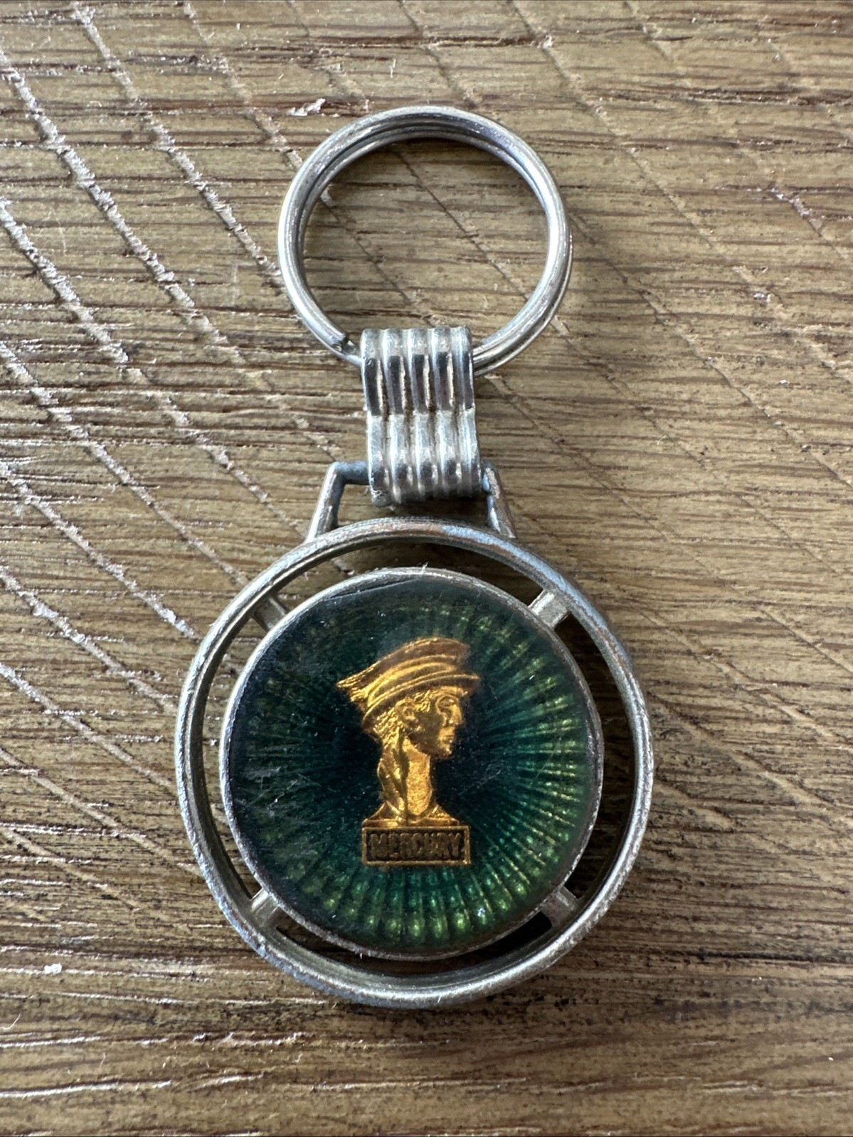 Vintage Mercury Emerald & Gold Tone Head Logo Metal Keychain RARE