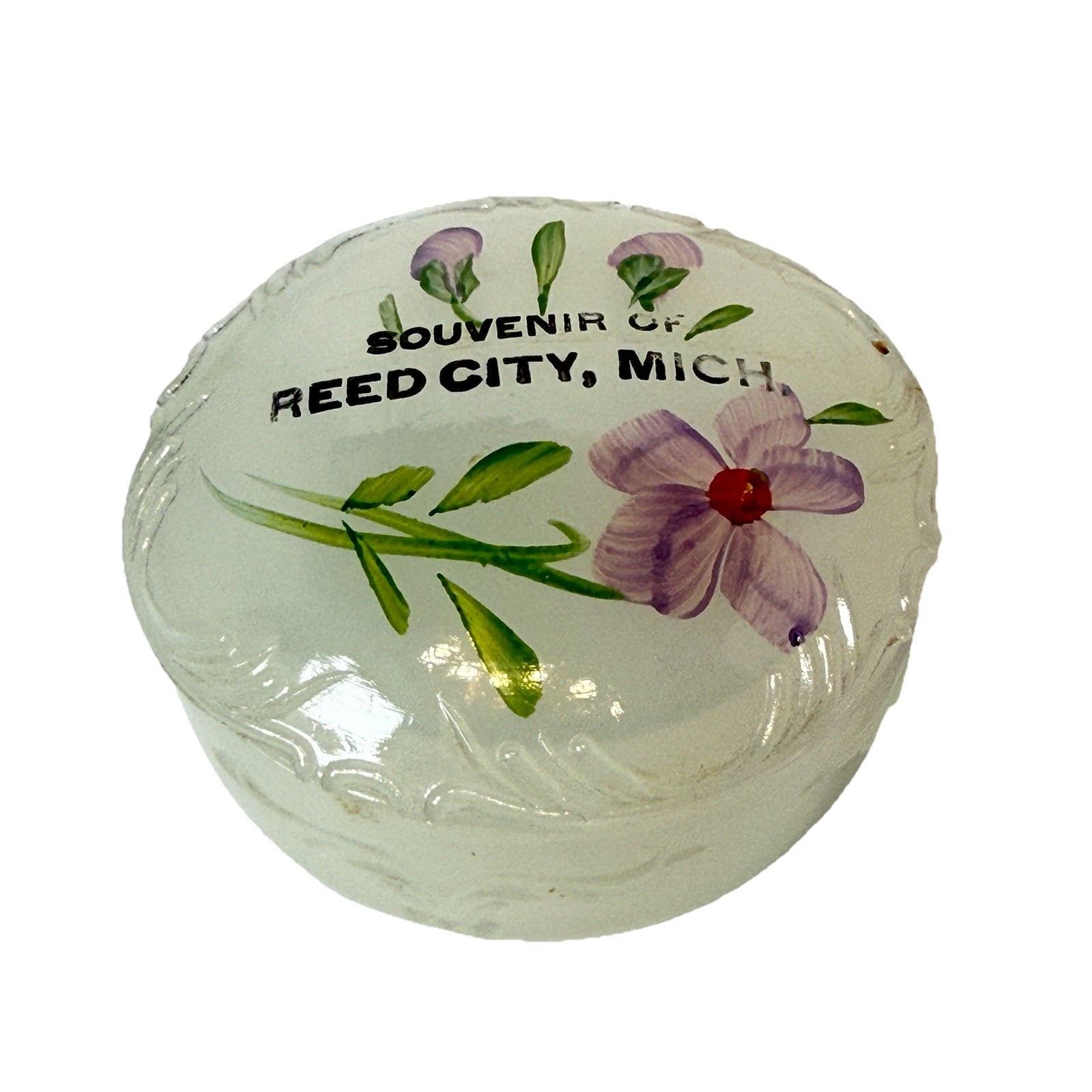 REED CITY MICHIGAN MI Antique Depression Glass Souvenir MILK CUT TRINKET BOX REED CITY MICHIGAN MI Antique Depression Glass Souvenir MILK CUT TRINKET BOX