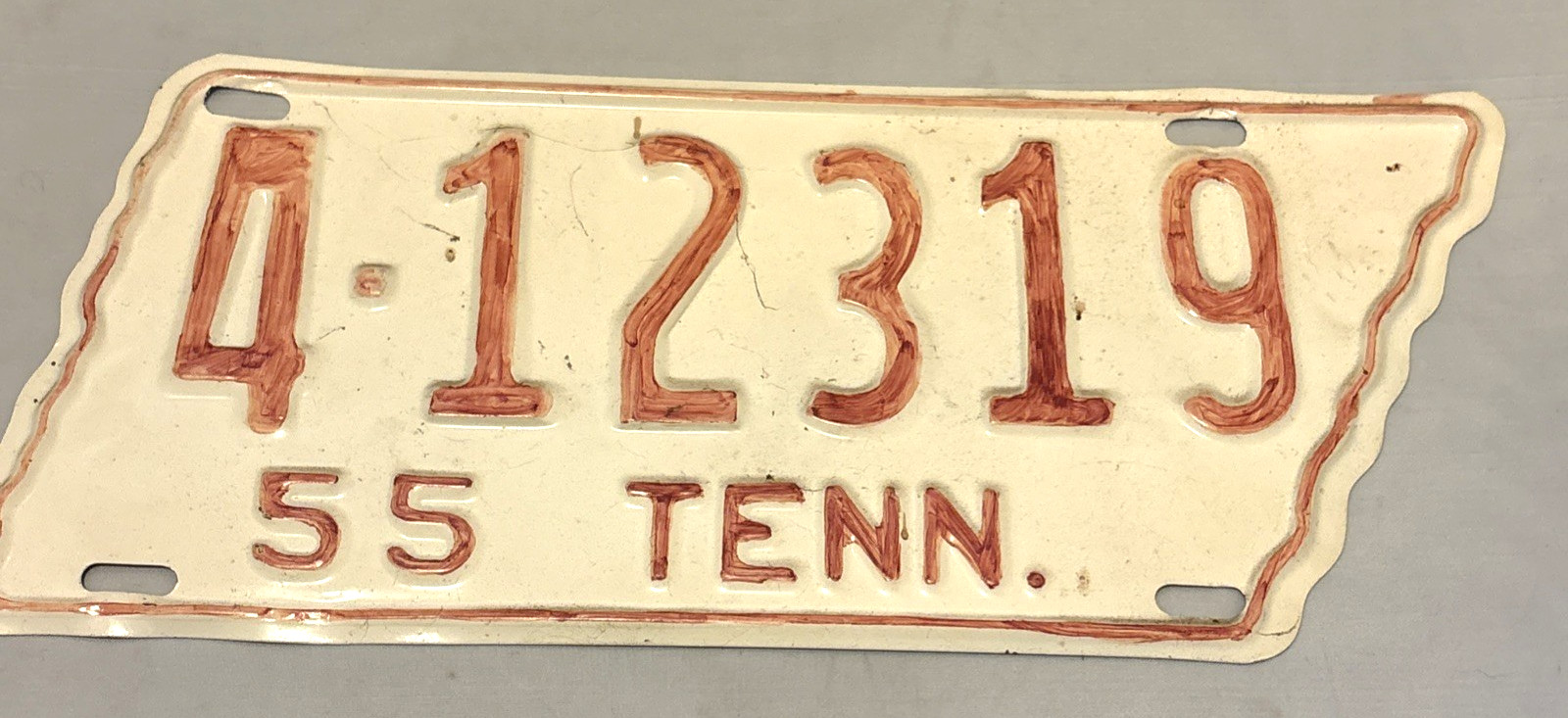 Vintage 1955 Tennessee License Plate Original Paint 4-12319 TN State-Shaped