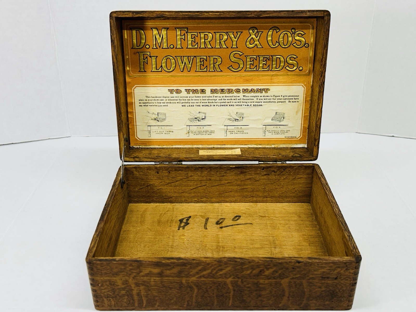 VINTAGE D.M. FERRY & CO. WOODEN FLOWER SEED OAK BOX ADVERTISING STORE DISPLAY
