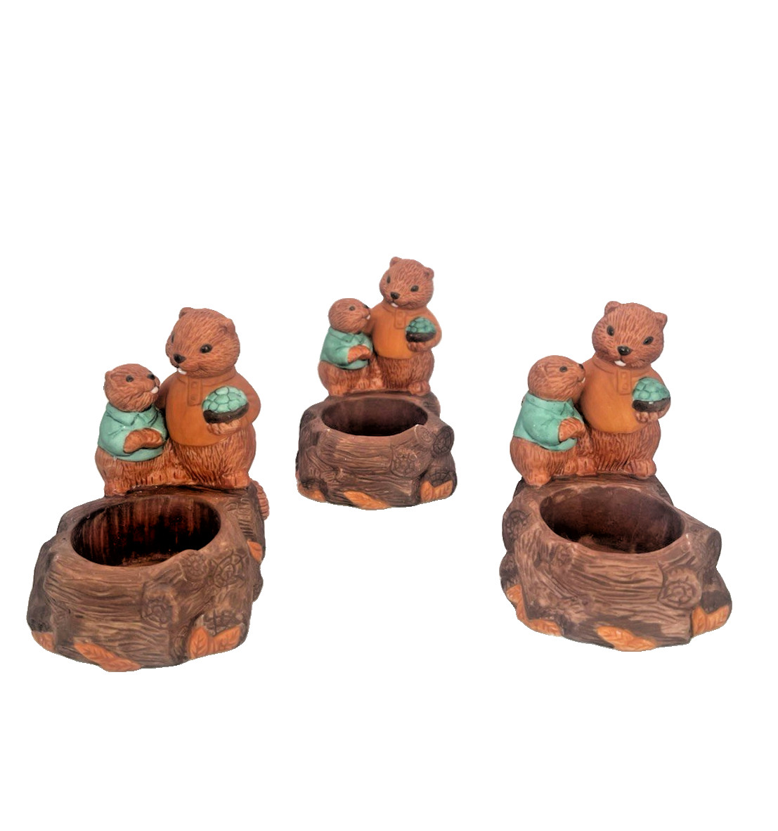 Vintage 1997 Avon Fireside Friends Beaver Family Tealight Holders Lot of 3