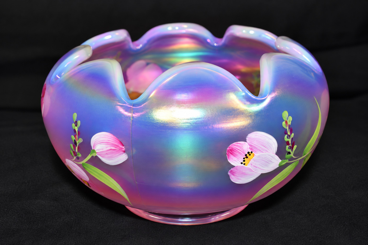 Fenton Pink Iridescent Art Glass Bowl Hand Painted Flowers Ruffled Rim