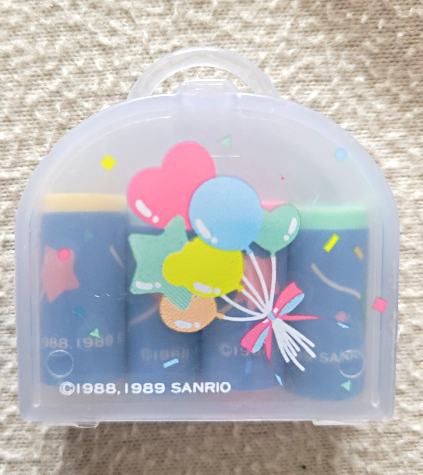 Sanrio Vintage Plastic Mini erasers And  Case Balloon Design ©1988-1989