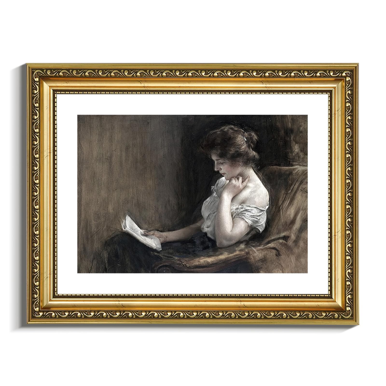 VIYYIEA Gold Framed Wall Art Canvas Print Portrait Woman Reading 11x14in