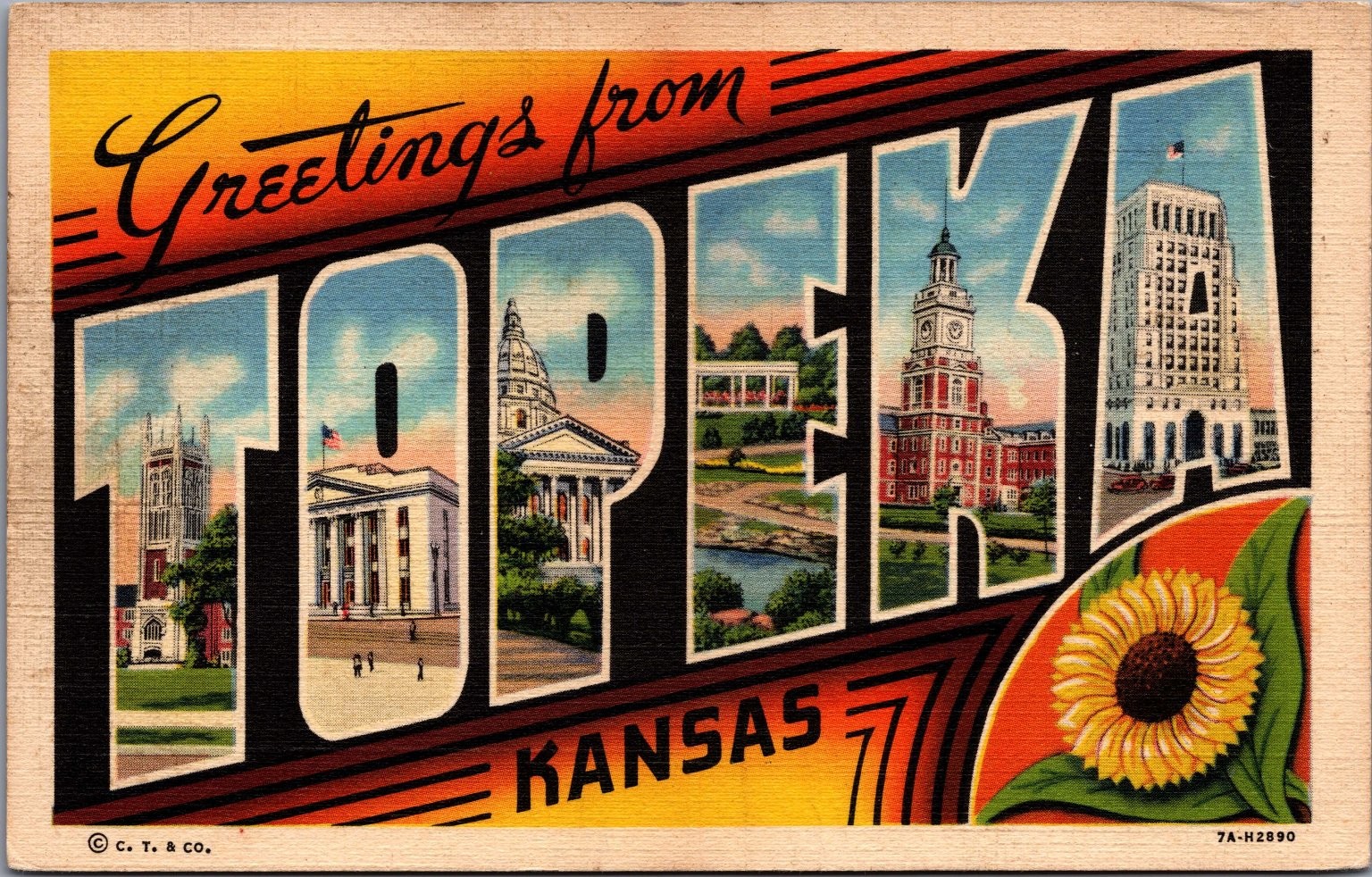 Greetings from Topeka Kansas Linen Postcard - State Capitol Sunflower 1937 Greetings from Topeka Kansas Linen Postcard - State Capitol Sunflower 1937