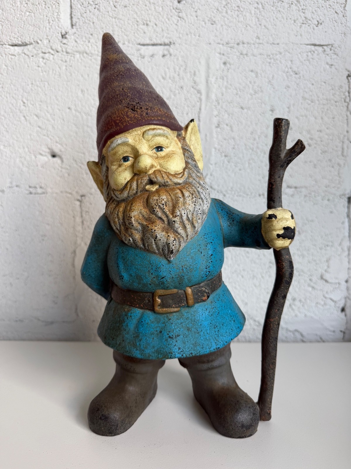 Vintage Cast Iron Garden Gnome w/ Walking Stick 14” MCM