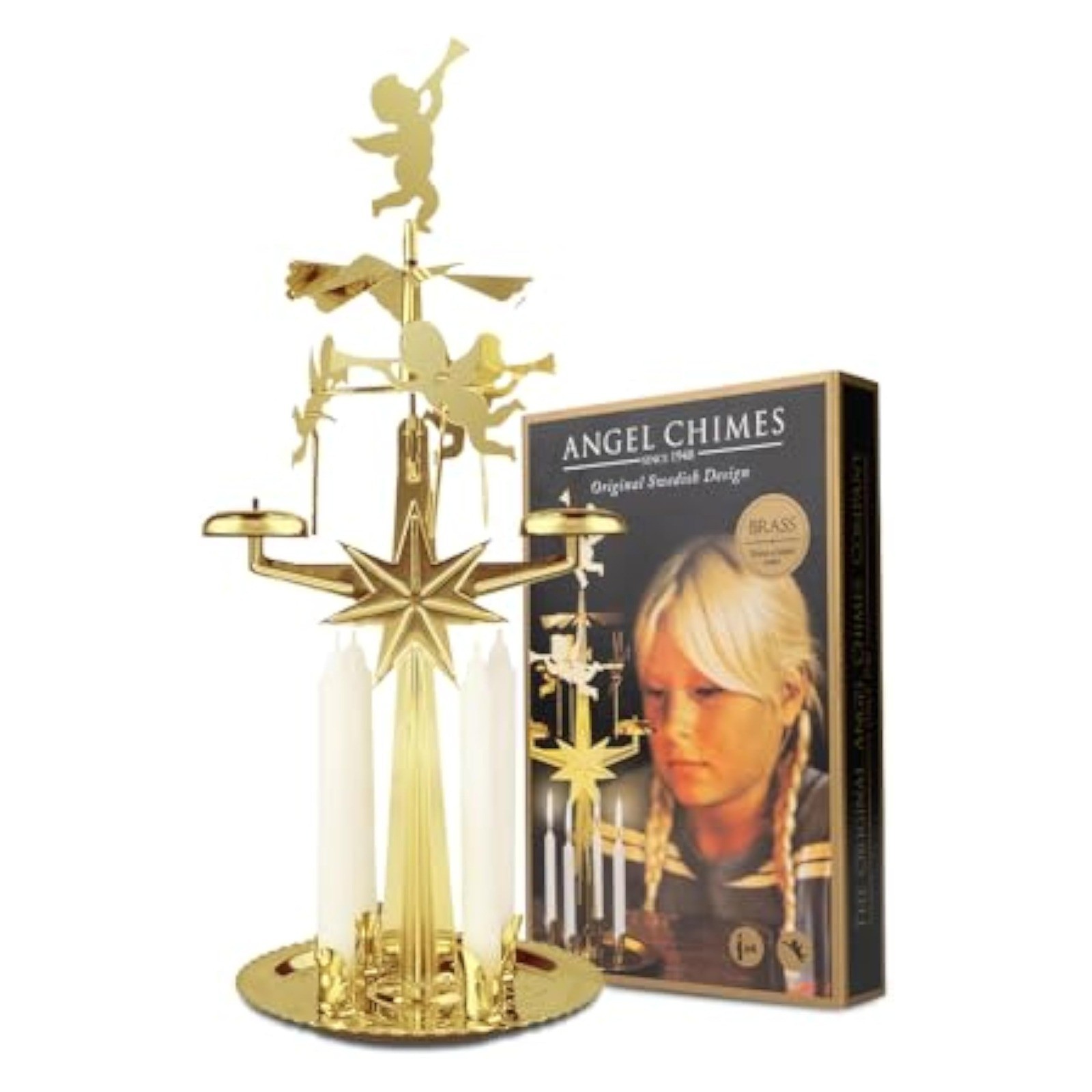 Original Swedish Angel Chimes Carousel 4 Candles Brass Christmas Decor New