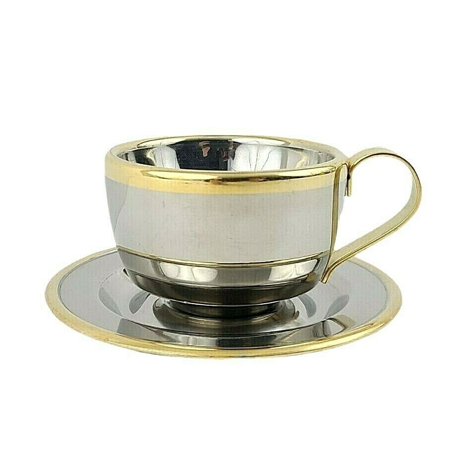 Inox Insulated Cup Saucer 18/10 Stainless Steel Silver Gold Duel Trim Espresso