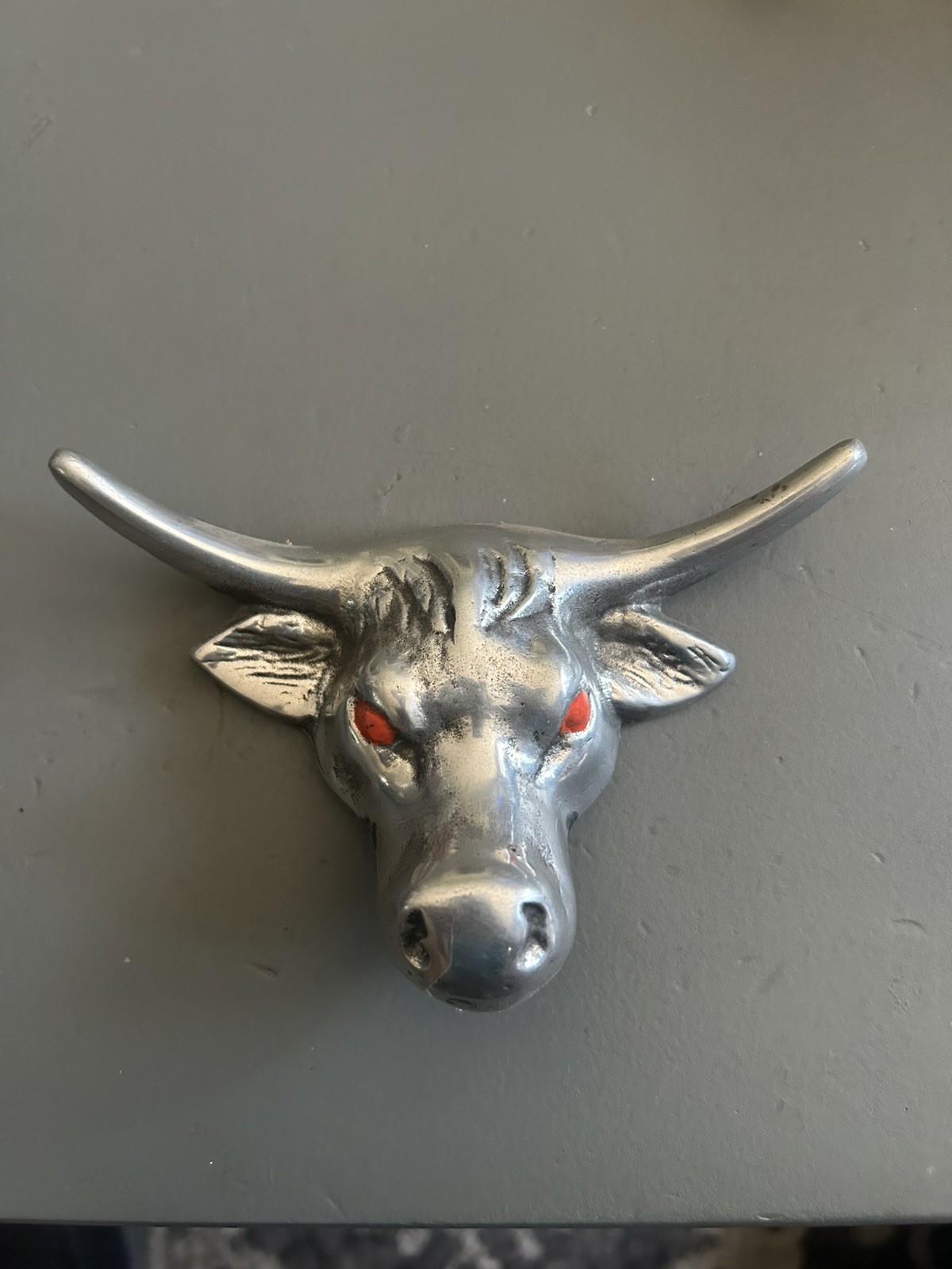Vtg Aluminum Bull Hood Ornament Mascot Emblem w/Bracket 5-1/2” x3-1/2” Vtg Aluminum Bull Hood Ornament Mascot Emblem w/Bracket 5-1/2” x3-1/2”
