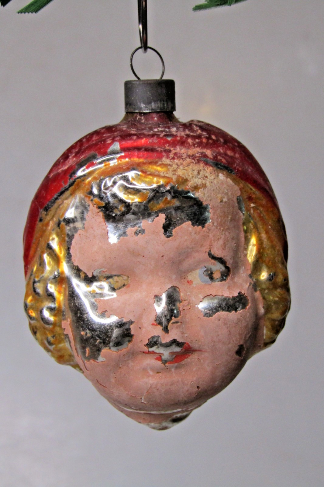 Antique Vintage Glass Embossed GOLD HAIR GIRL HEAD Christmas Ornament Germany