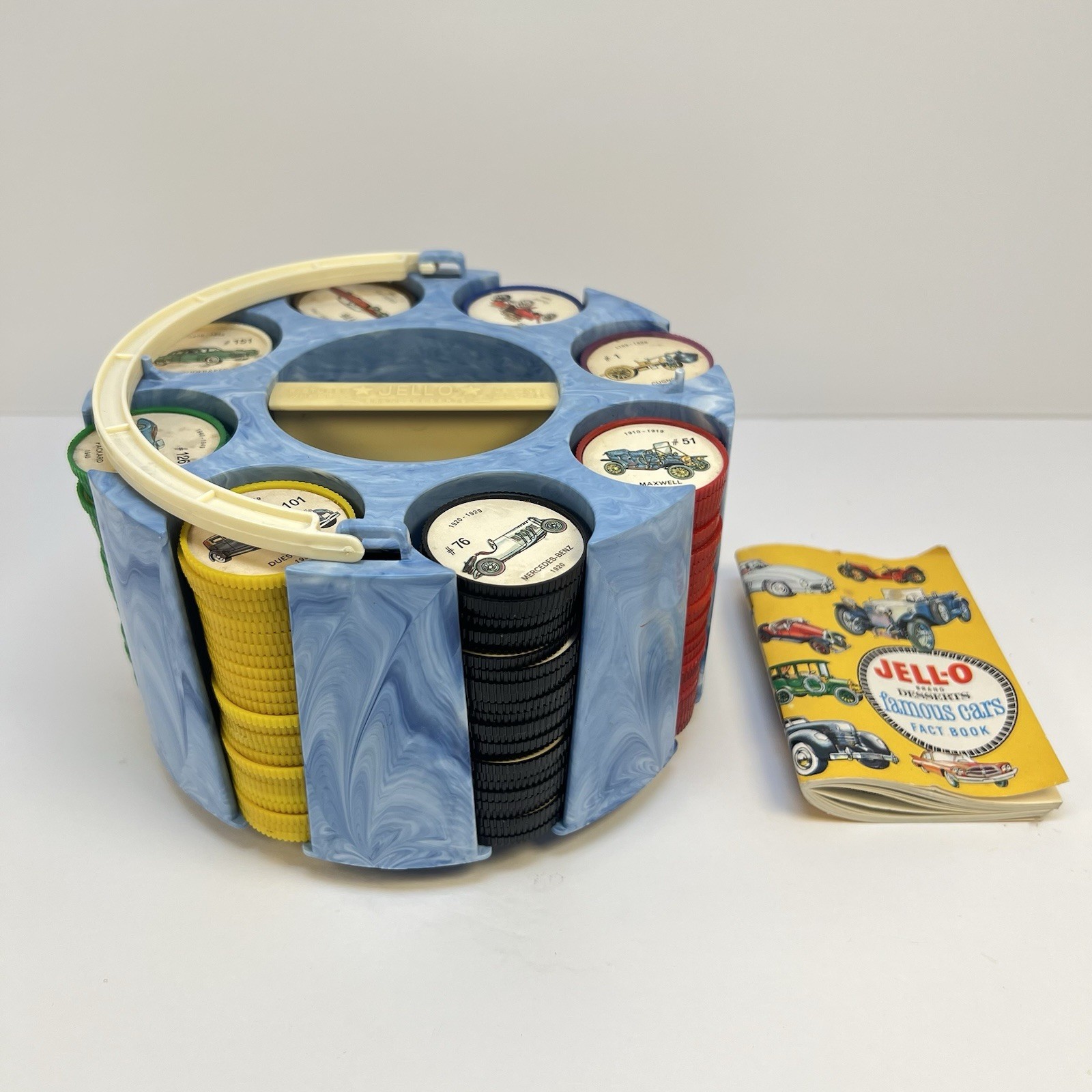 JELLO 1960s Blue Picture Wheel - 200 Poker Chips Carousel Famous Cars / COMPLETE JELLO 1960s Blue Picture Wheel - 200 Poker Chips Carousel Famous Cars / COMPLETE