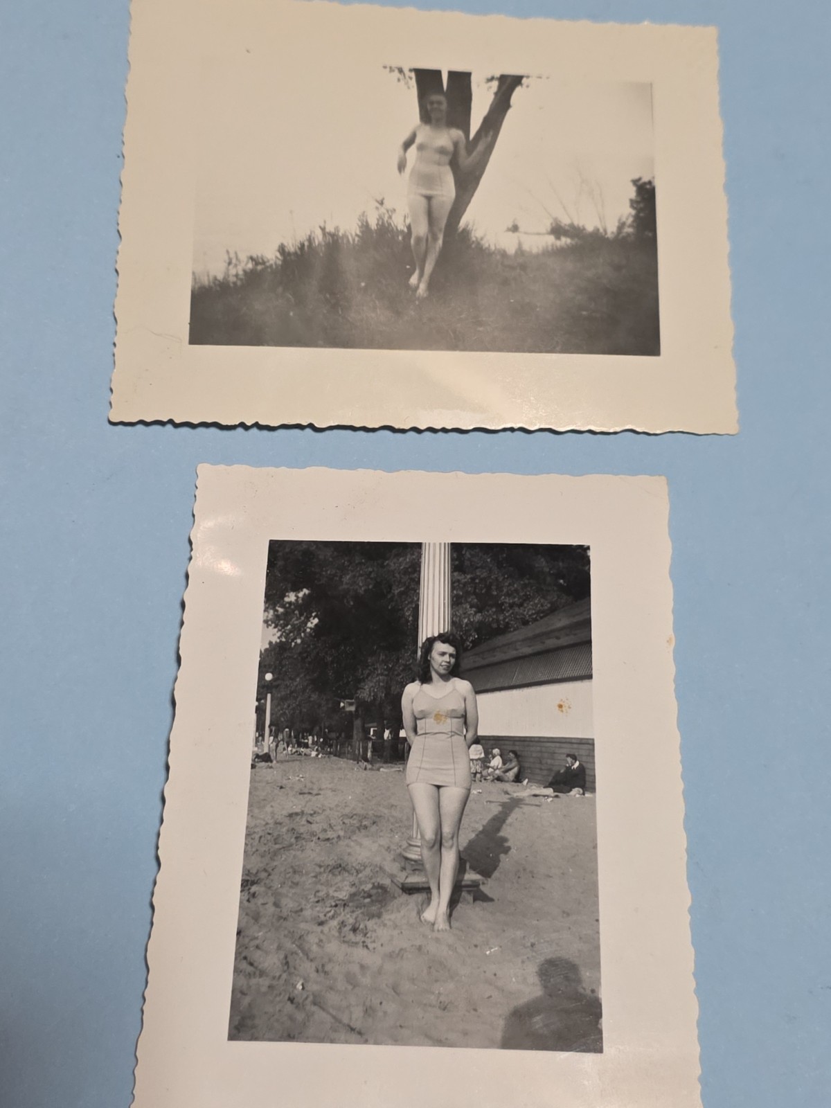 Lot of 2 Vintage 1940s 1950s Black & White Snapshot Photos Woman in Swimsuit...