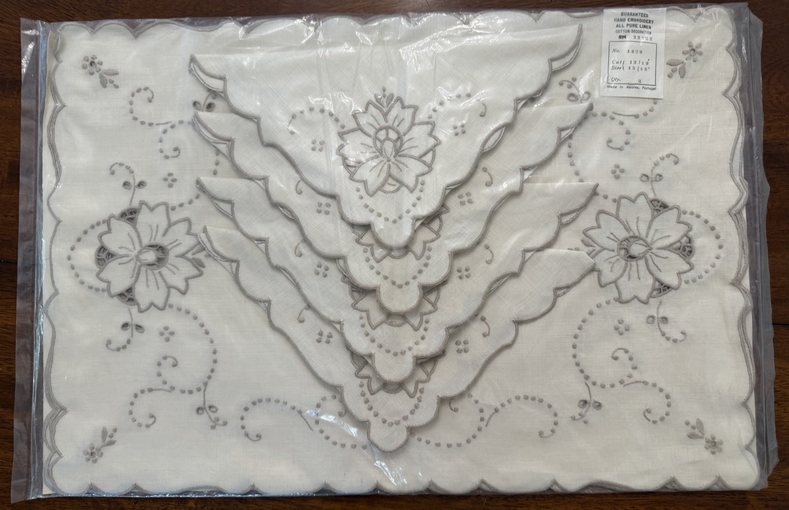 Madeira Style Linen Napkins Set of 8 White Gray Hand Embroidered Floral
