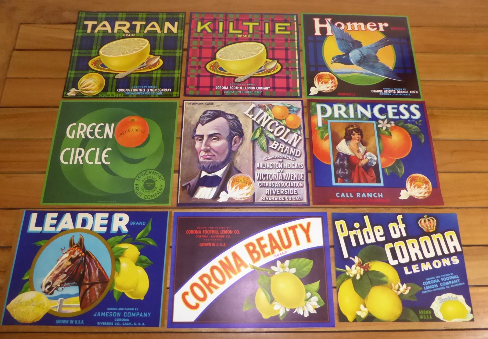 LOT 9 VINTAGE ORIGINAL CITRUS CRATE LABELS RIVERSIDE CORONA VINTAGE C1940S