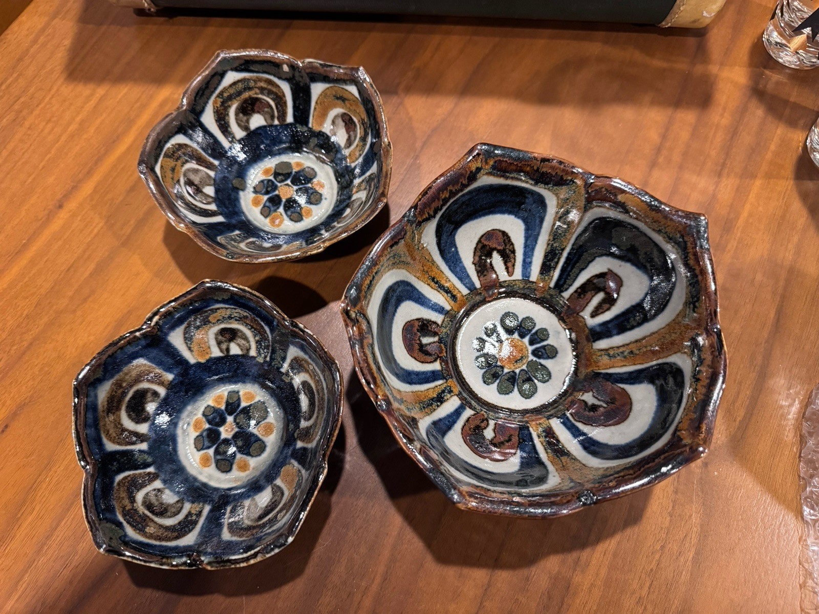 Vintage Signed Mexican Folk Art Pottery Lotus Bowls By Ken Edwards 3 Pcs Vintage Signed Mexican Folk Art Pottery Lotus Bowls By Ken Edwards 3 Pcs