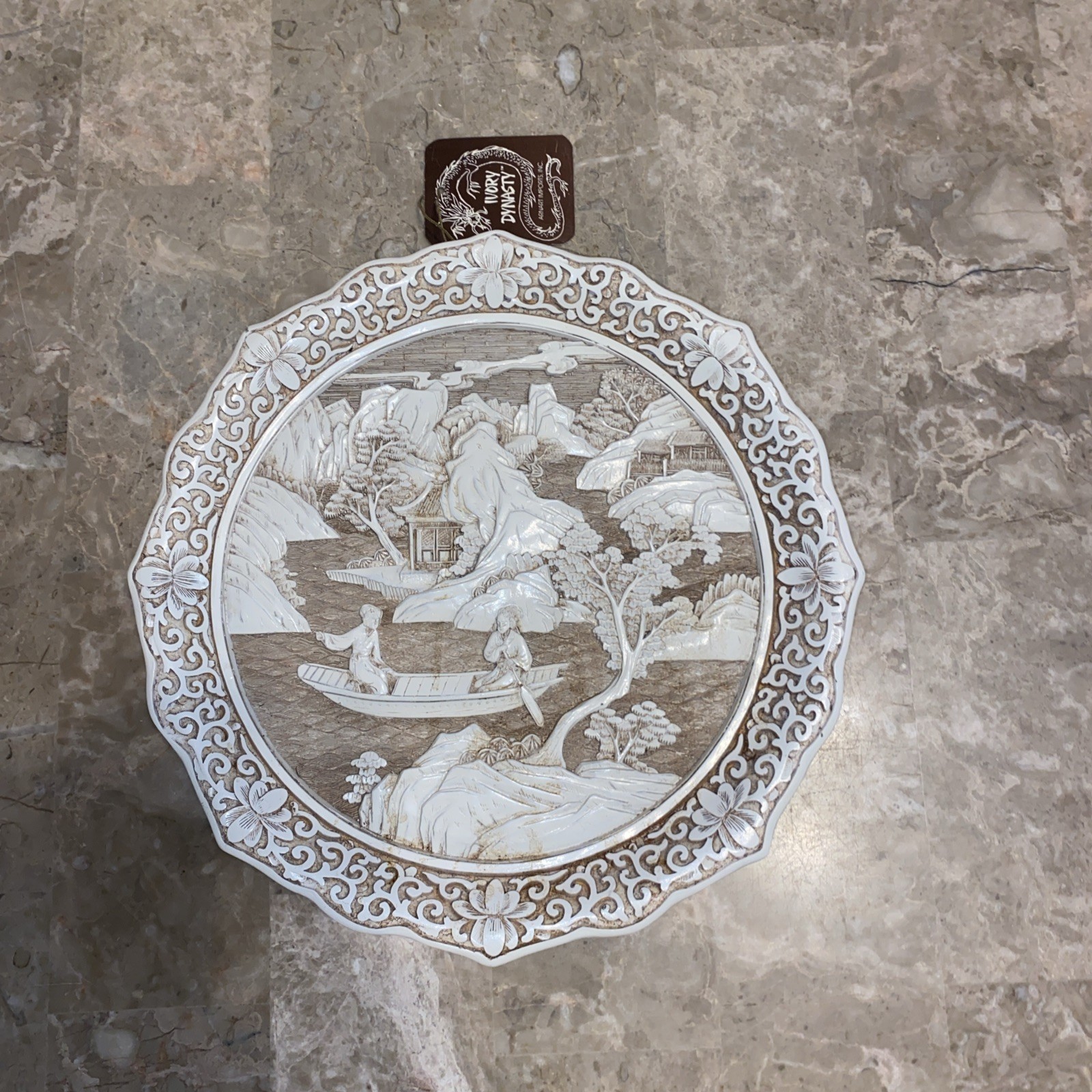 Vintage 1980s Carved Resin Ivory Dynasty Chinese Plate 9.6 Inch Diameter NWT