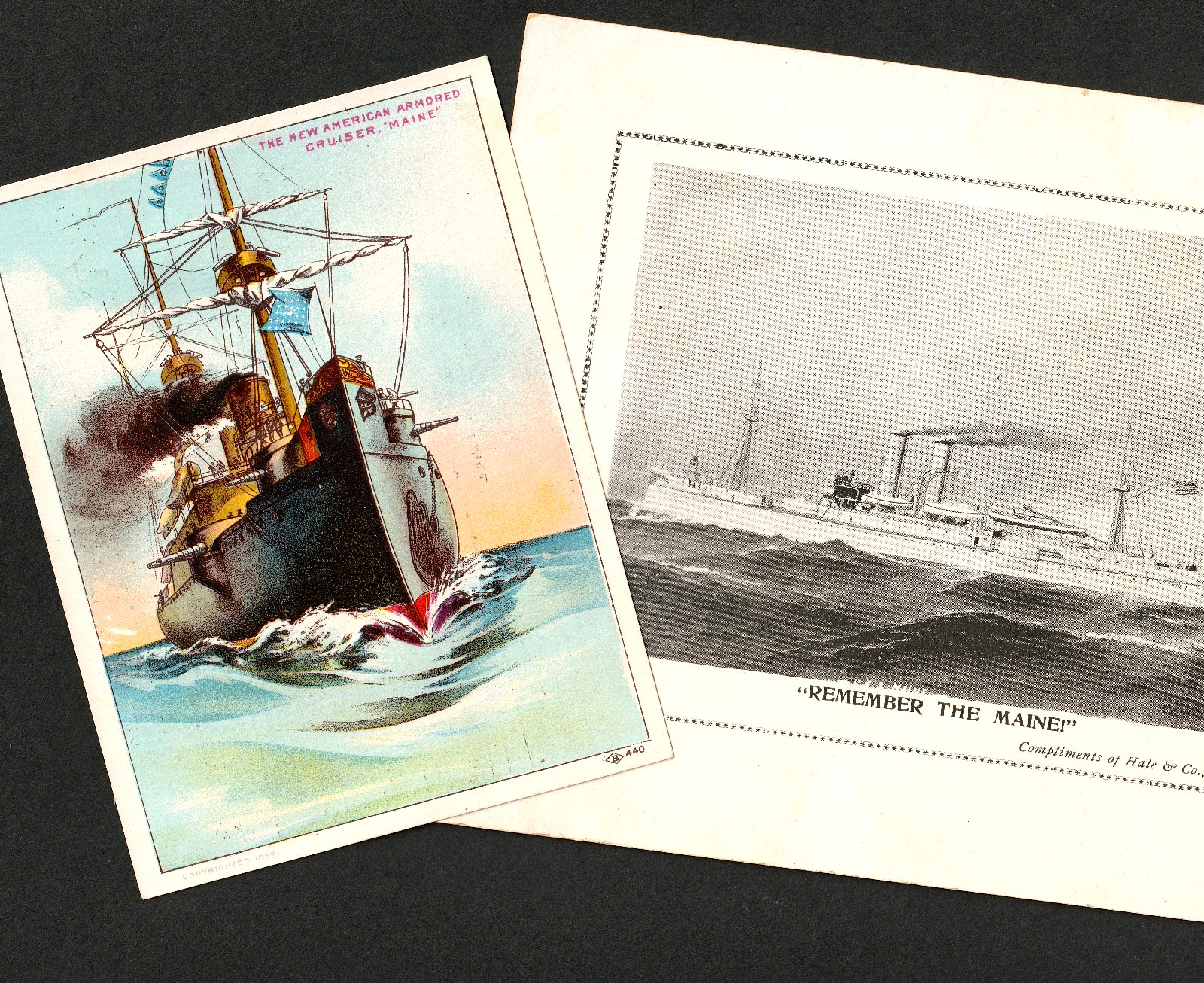 Remember the Maine ©1889 Ship Star Windmill Hale California Store 2x Trade Cards