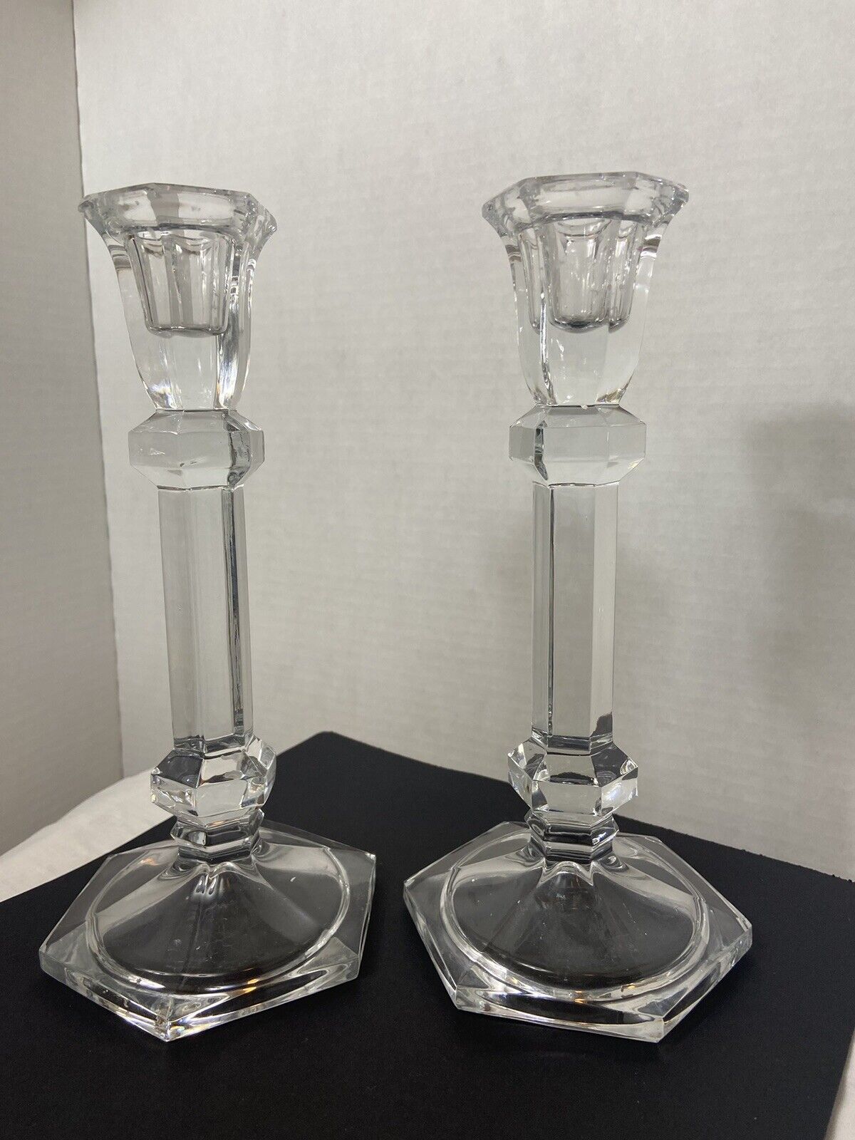Vintage 2 Crystal Glass Taper Candlesticks Holders 8 1/2” Tall Beautiful Glass