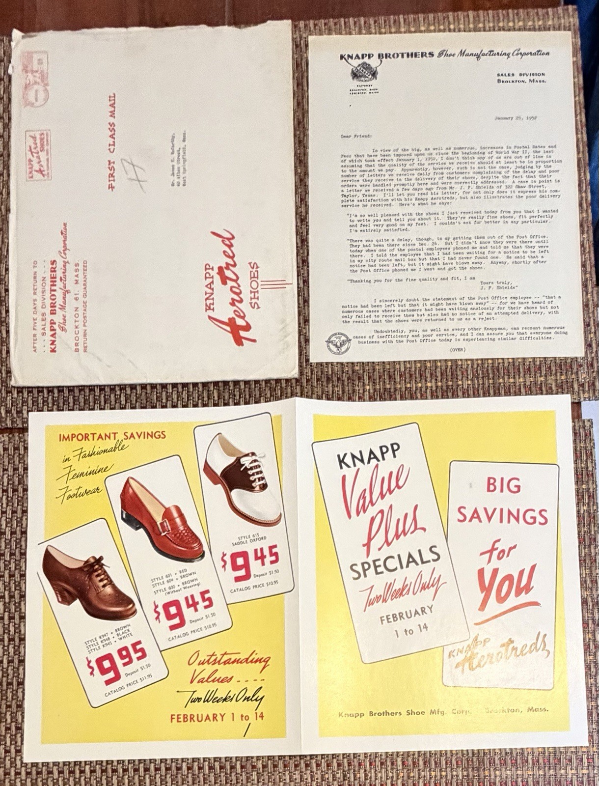 1951 KNAPP SHOES Aerotreds FACTORY DIRECT FOLD OUT BROCHURE With Letter & Env