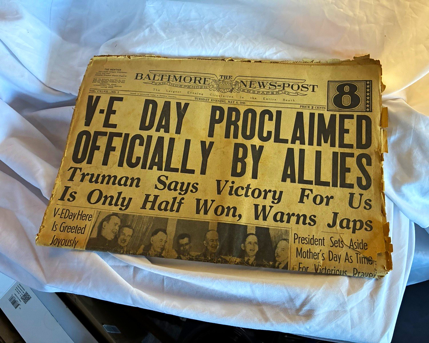 Baltimore News-Post V-E Day Proclaimed Officially May 8 1945 WWII Headline