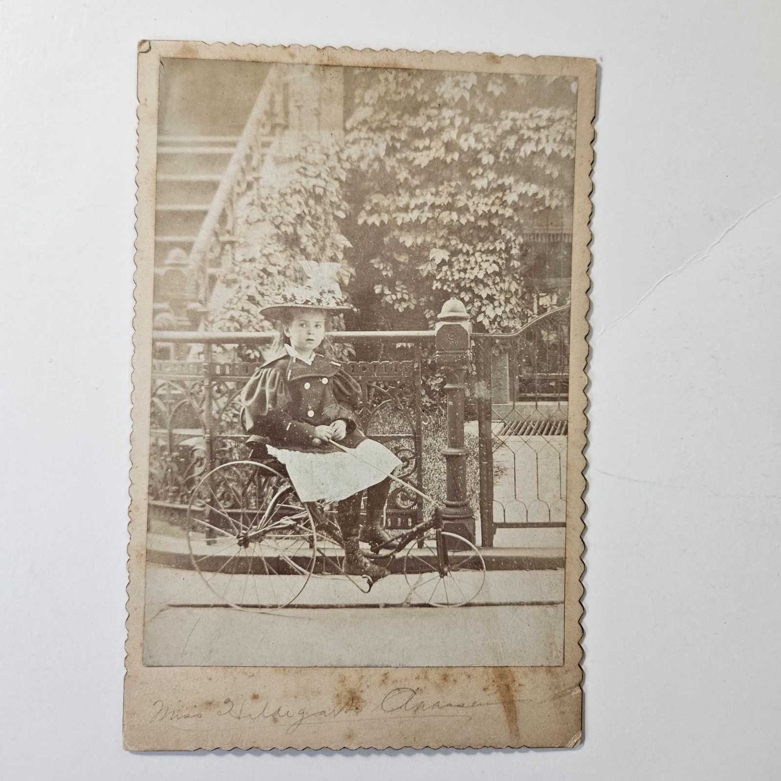Vintage Late 1800\'s Cabinet Card Photo Girl On 3 Wheel Bicycle