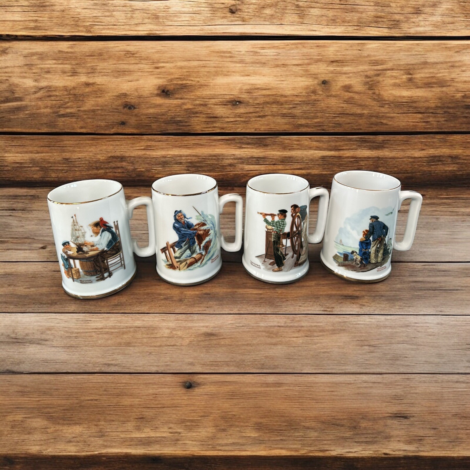 4 Vtg NORMAN ROCKWELL CERAMIC MUGS Seafarers Collection LONG JOHN SILVERS NlB 4 Vtg NORMAN ROCKWELL CERAMIC MUGS Seafarers Collection LONG JOHN SILVERS NlB
