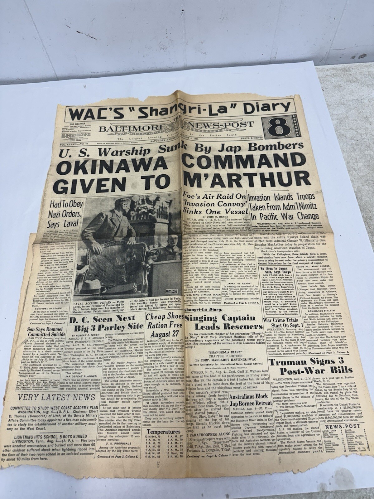 baltimore news post August 4 1945 WWII Okinawa Japan baltimore news post August 4 1945 WWII Okinawa Japan