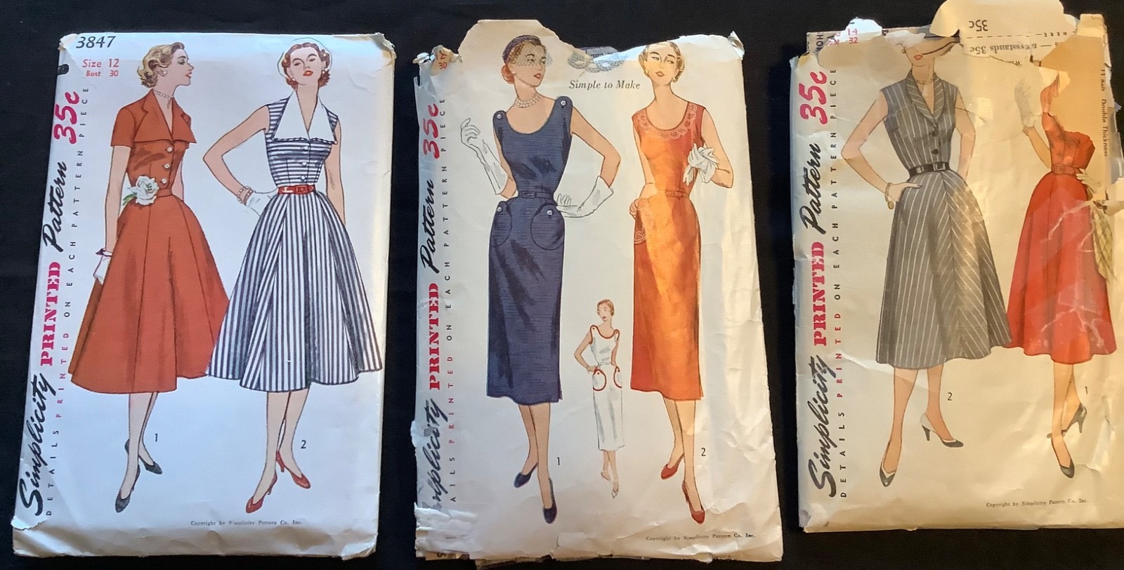 Lot 3 vtg 50s Simplicity summer dress sew patterns, all Complete, bust 30-32
