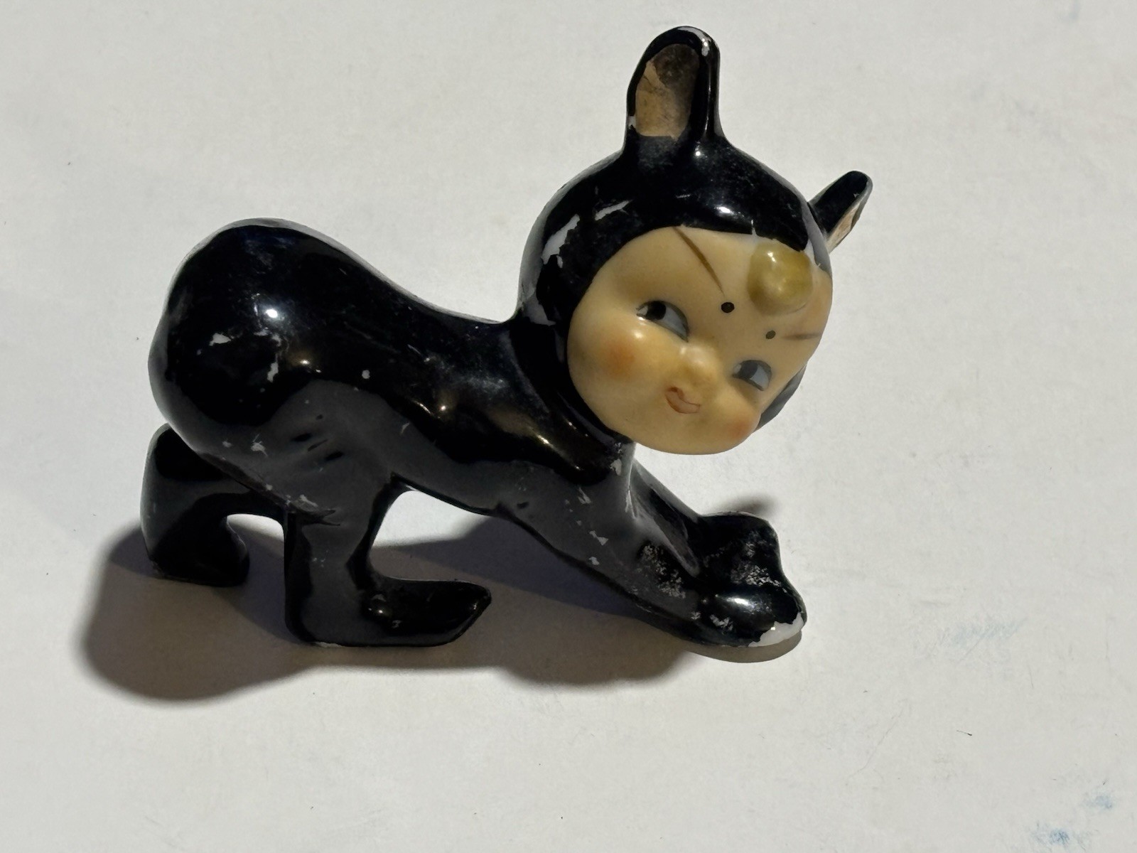 RARE Kewpie Black Cat Pixie Figurine - MCM Elf Miniature Large Ears 1950s Japan