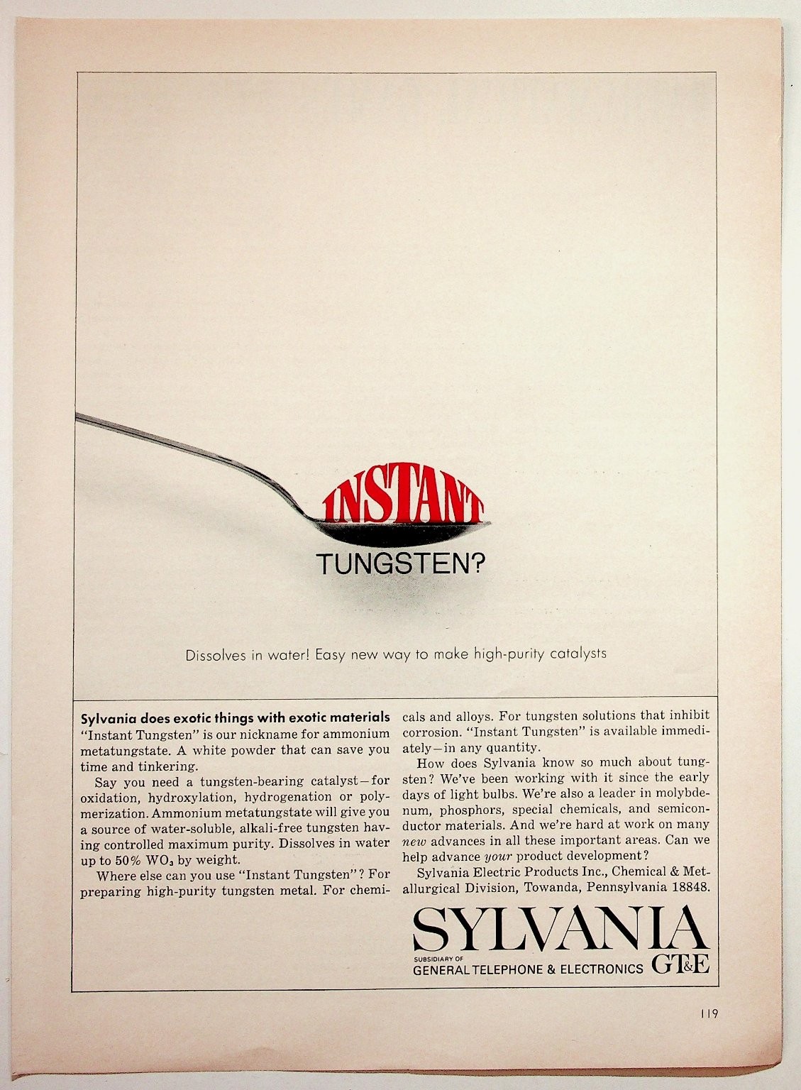 Sylvania Instant Tungsten GTE Magazine Ad 1960s Chemistry Catalyst Ephemera Sylvania Instant Tungsten GTE Magazine Ad 1960s Chemistry Catalyst Ephemera