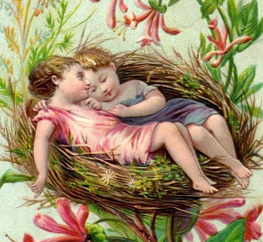 1880s-90s Embossed Victorian Easter Card Children In Giant Bird's Nest P214 1880s-90s Embossed Victorian Easter Card Children In Giant Bird's Nest P214