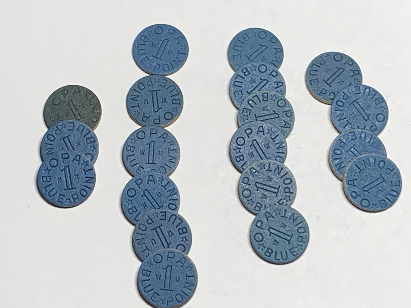 Vintage Lot of 19 RARE VARIETY BLUE WWII OPA Tokens-WU,MX,WW,CX most Near MINT