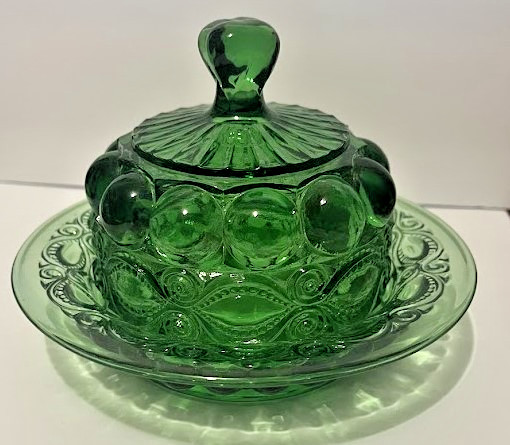 VINTAGE MOSSER GREEN GLASS EYE WINKER PATTERN COVERED BUTTER DISH W/ LID