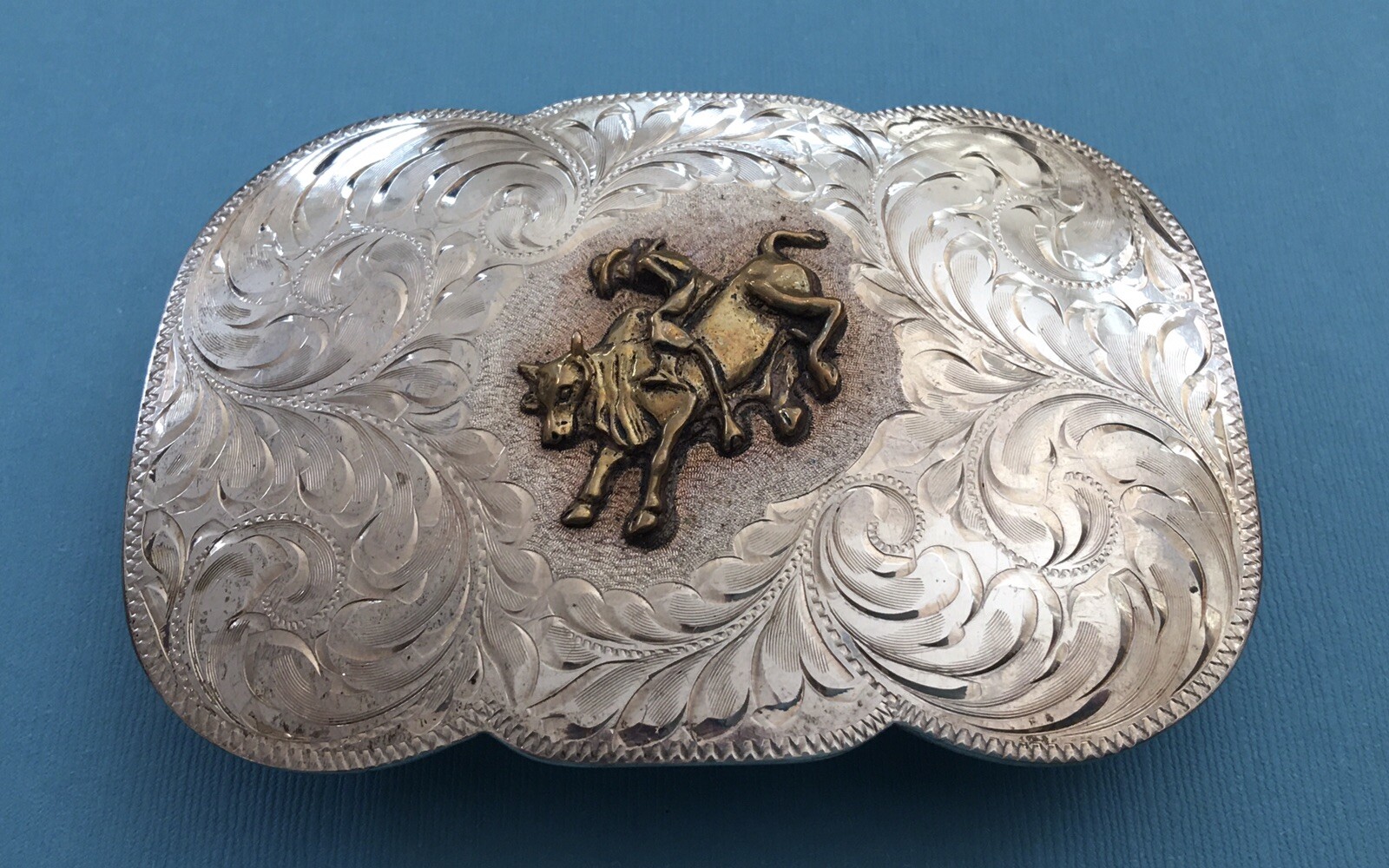 Vintage Old Western Signed HE Sterling Silver BULLRIDING Trophy Belt Buckle Vintage Old Western Signed HE Sterling Silver BULLRIDING Trophy Belt Buckle