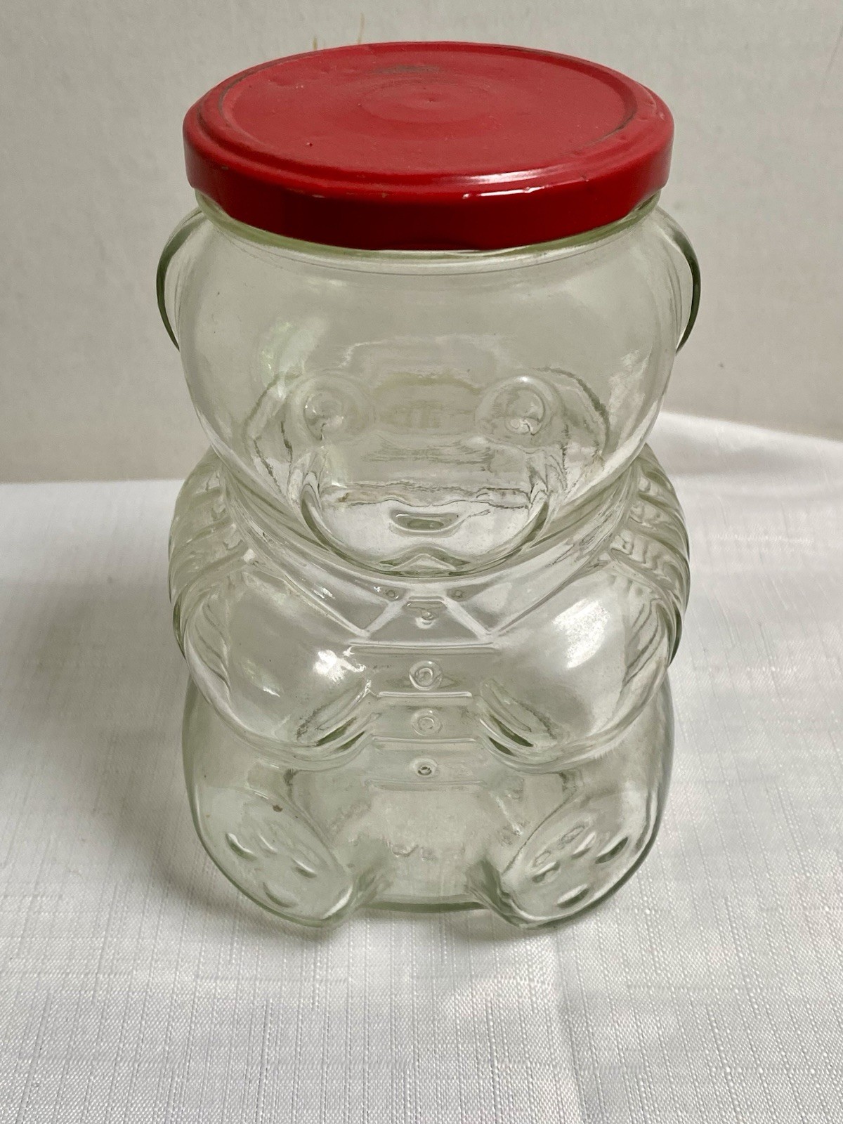 Vtg 1988 Kraft Clear Glass Figurine TEDDY BEAR 6” Jar W Red Metal Lid