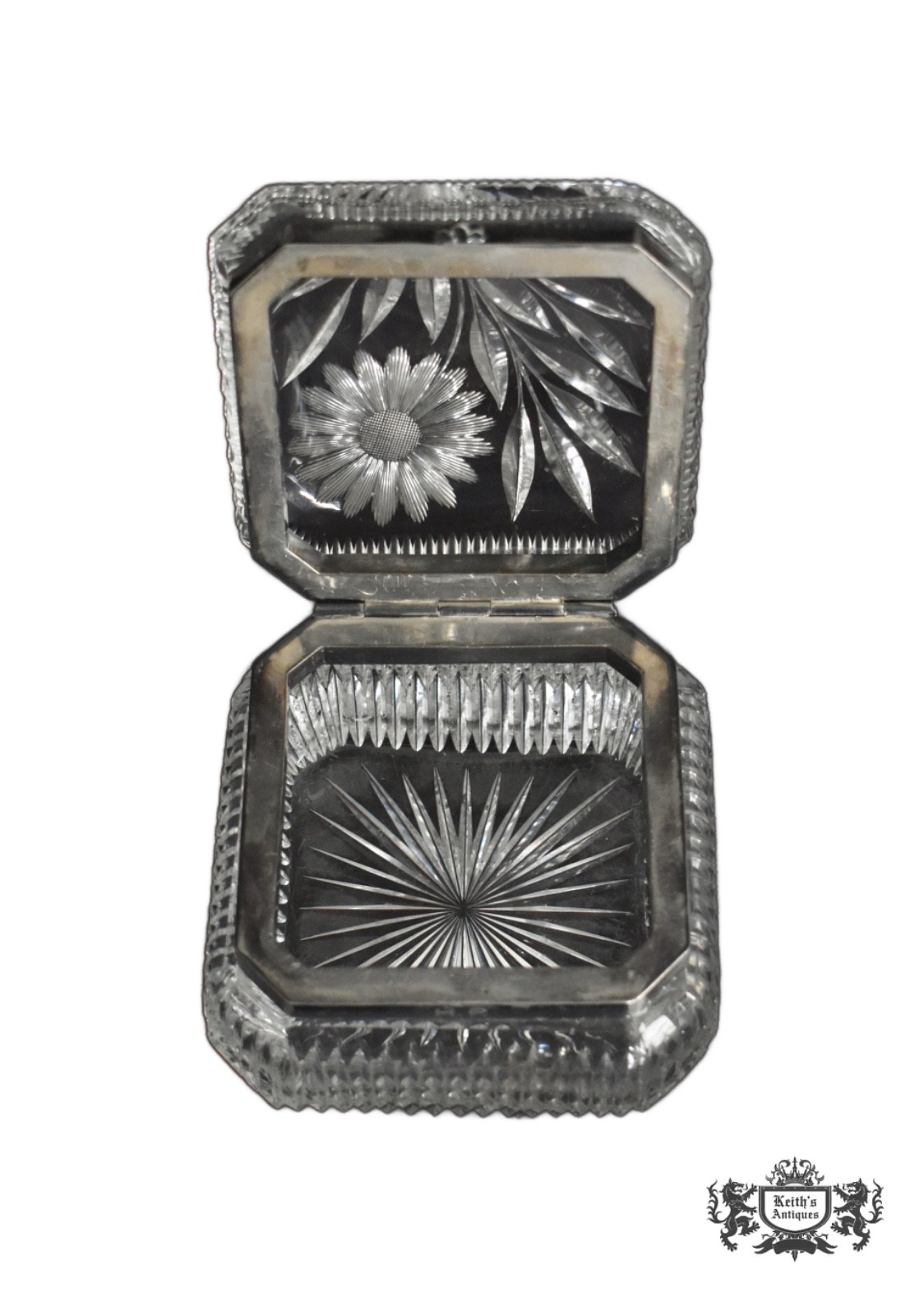 Antique Brilliant Cut Glass Lidded Box Silver Plate Trim
