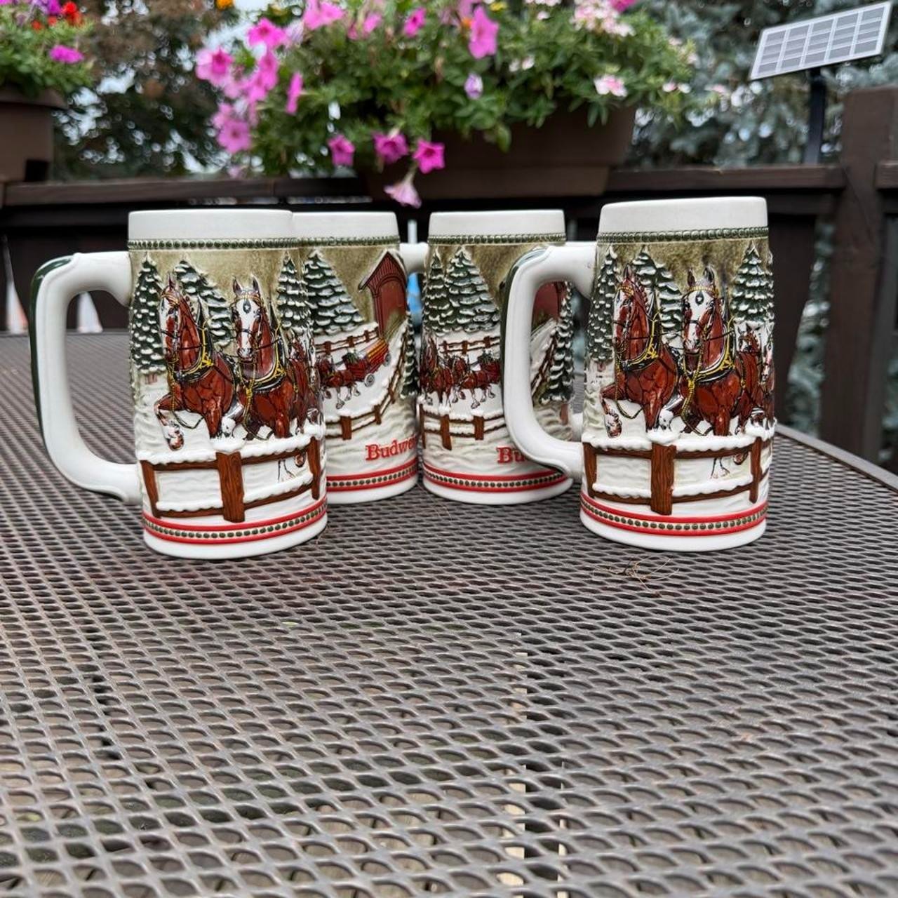 BUDWEISER - SET of 4 Clydesdales Covered Bridge CS-62 Holiday Steins (1984)
