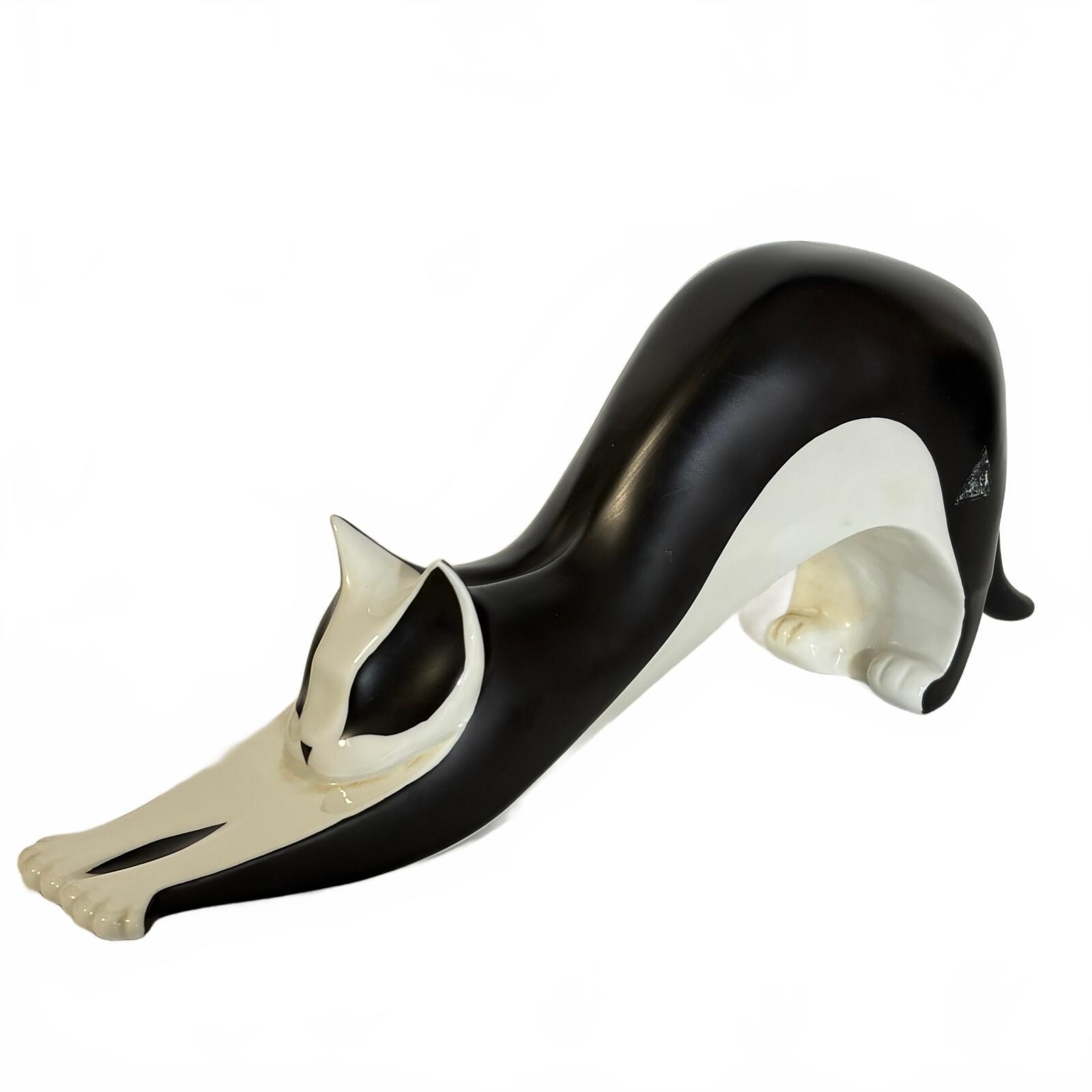 Royal Dux Bohemia Black White Porcelain Cat Stretching Figurine Stylized MCM