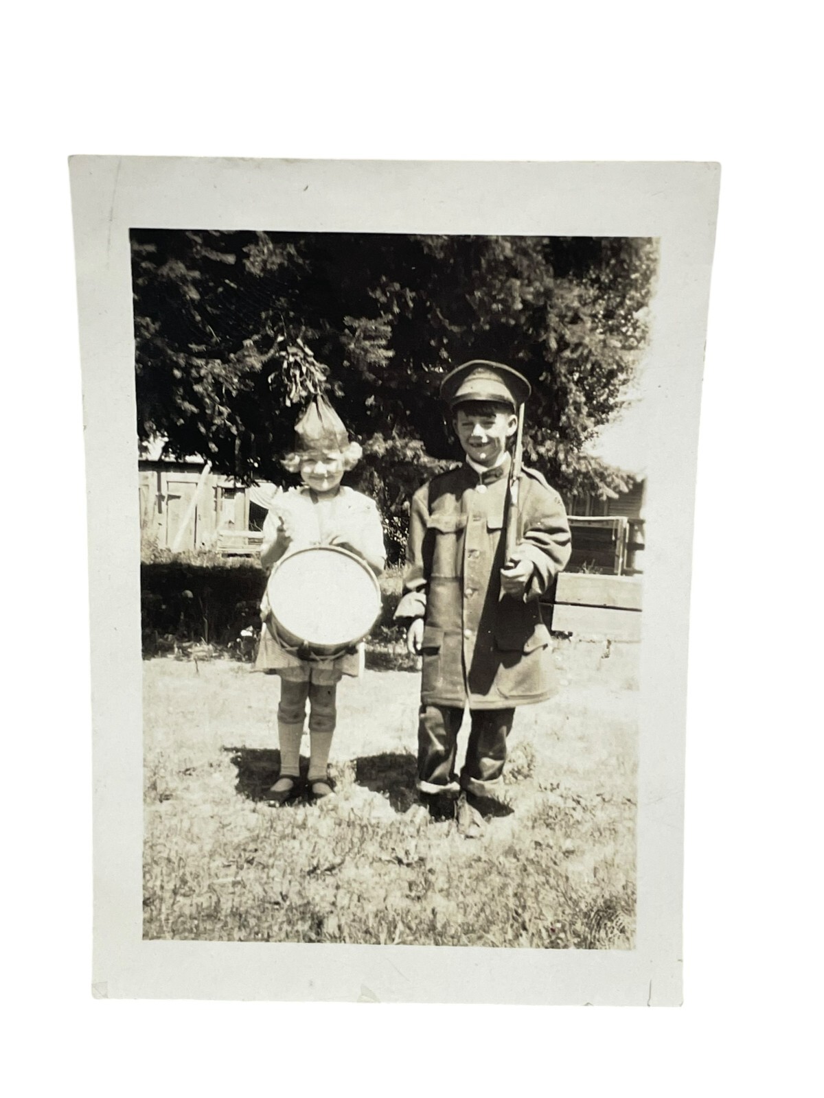 Vintage Children in Costumes Snapshot Photo Boy Soldier and Little Drummer Girl Vintage Children in Costumes Snapshot Photo Boy Soldier and Little Drummer Girl