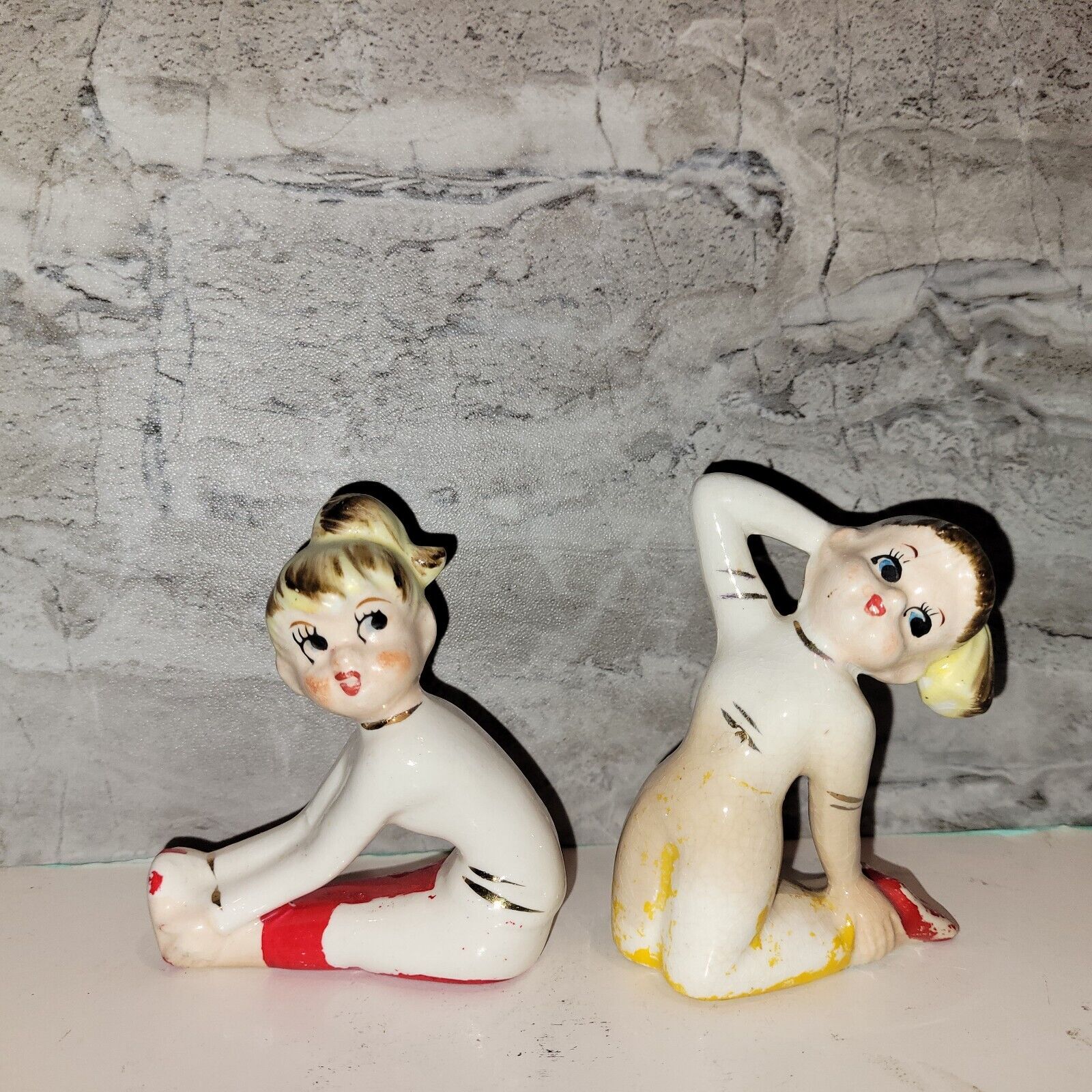 Porcelain Hand Painted Teenage Girls Stretching Posing Figurines JAPAN 1950s #2