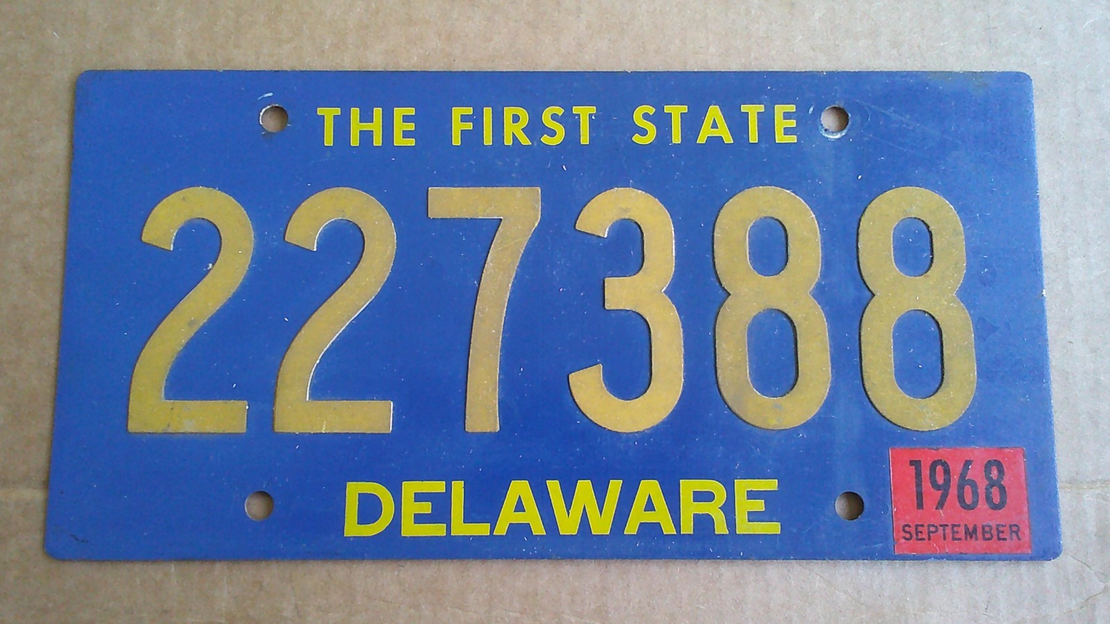 1968 Delaware License Plate 227388 Riveted Numbers Original First State DE Tag 1968 Delaware License Plate 227388 Riveted Numbers Original First State DE Tag