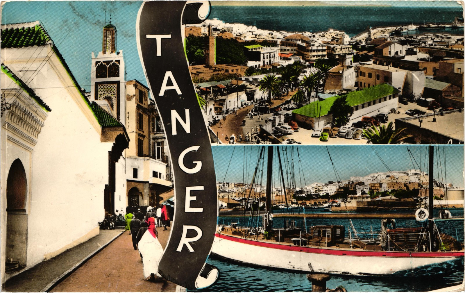 Vintage Tangier Morocco Harbor Postcard Boats City View Air Mail 1961