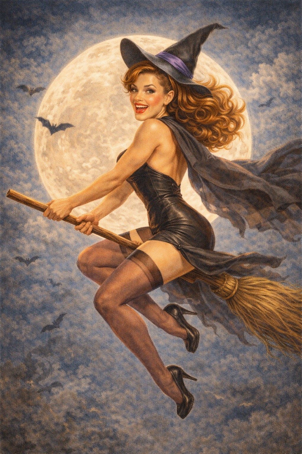 Pinup Sexy Woman Halloween Witch Moon Broom Bats MODERN Vintage Postcard A233