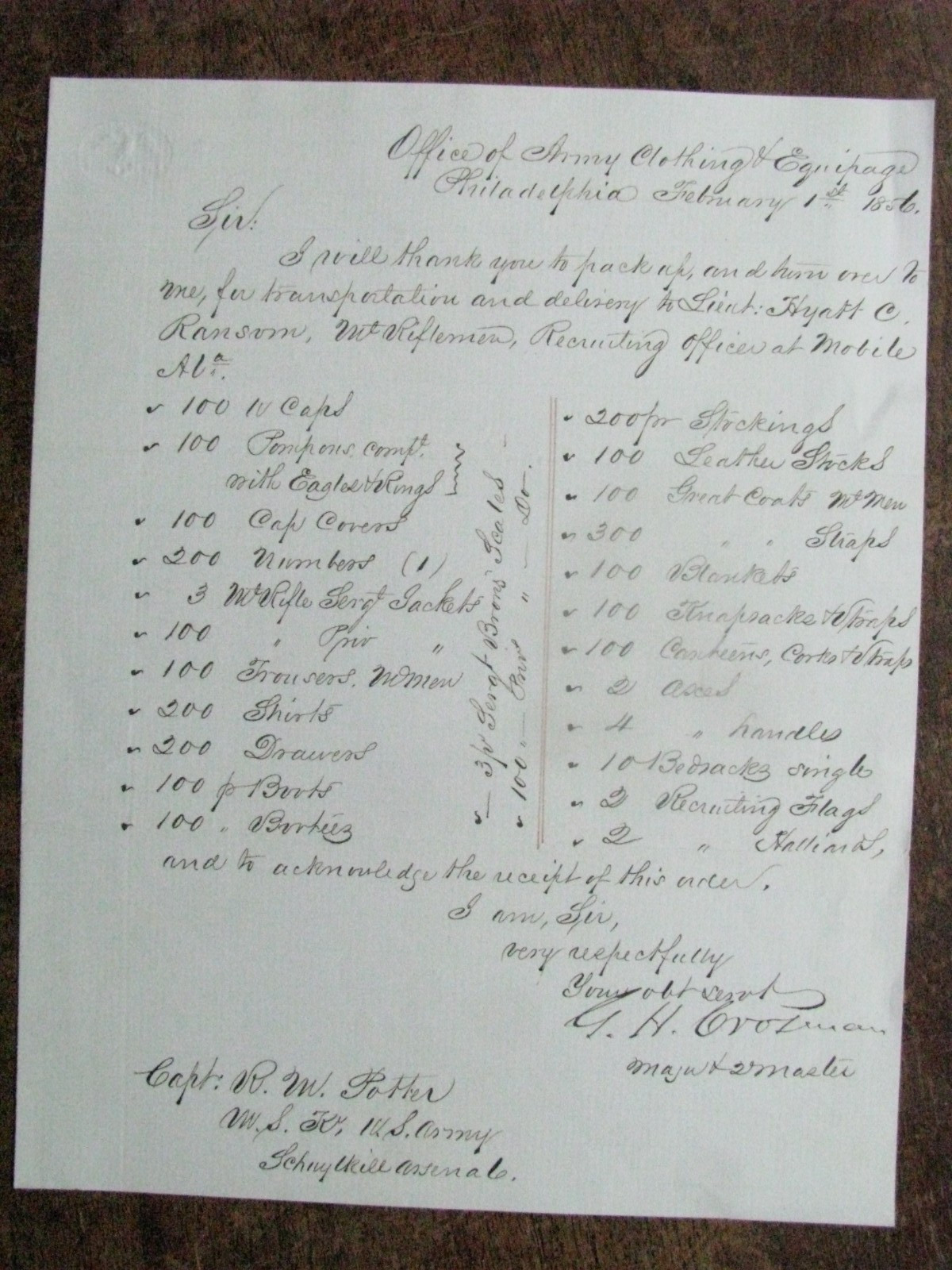 US ARMY MOUNTED RIFLES  1856 UNIFORMS AND SUPPLIES