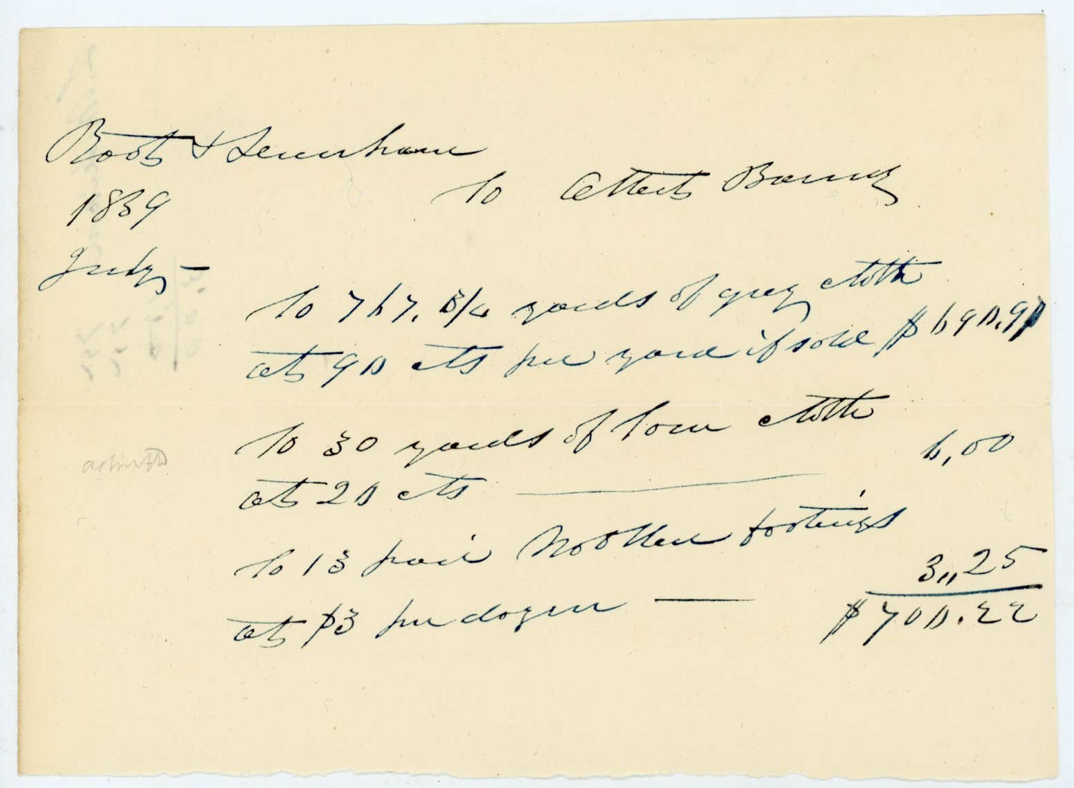 1839 Handwritten Merchant Invoice Root & Leavenworth Cloth Textile Ephemera 1839 Handwritten Merchant Invoice Root & Leavenworth Cloth Textile Ephemera